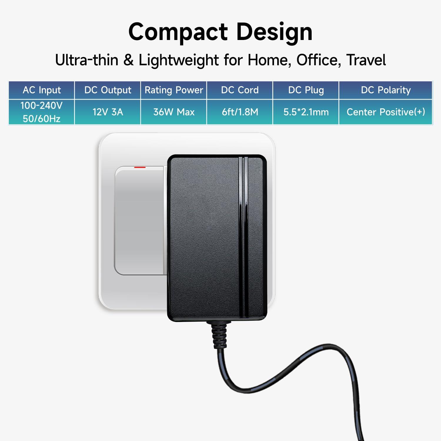 OXZEEWEE 12Vdc 3A/3000mA 6ft Power Supply Adapter, 100-240V 50/60Hz AC to DC 36W Wall Charger for LED Strip Light, CCTV Camera, Router, BT Speaker, DVR, NVR and More 12V Devices, ETL FCC (6Ft Cord, 20AWG)