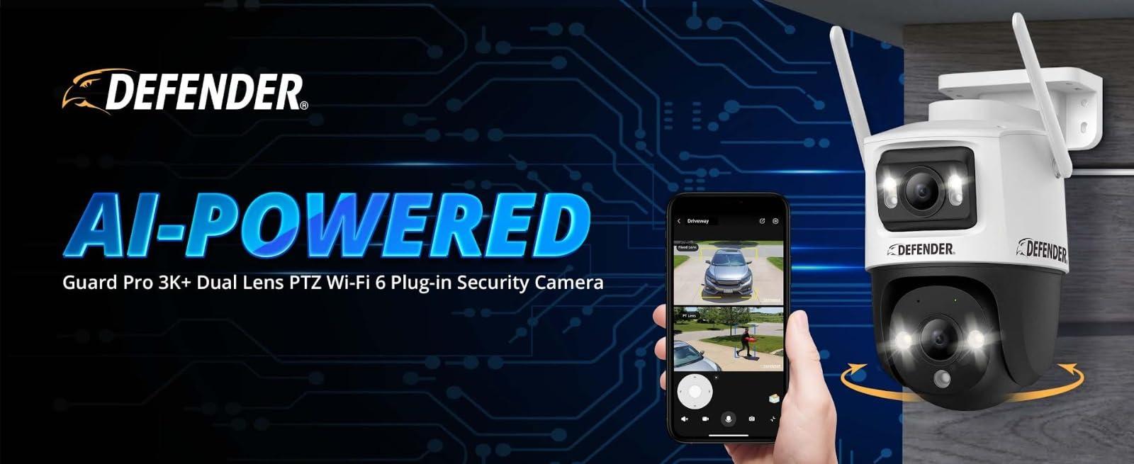 Defender AI Powered Guard Pro 3K Plus Dual Lens PTZ WiFi 6, Plug & Play Security Camera, Human/Vehicle Detection, AI Auto-Tracking, Bluetooth Pairing, Color Night Vision, 2 Cameras