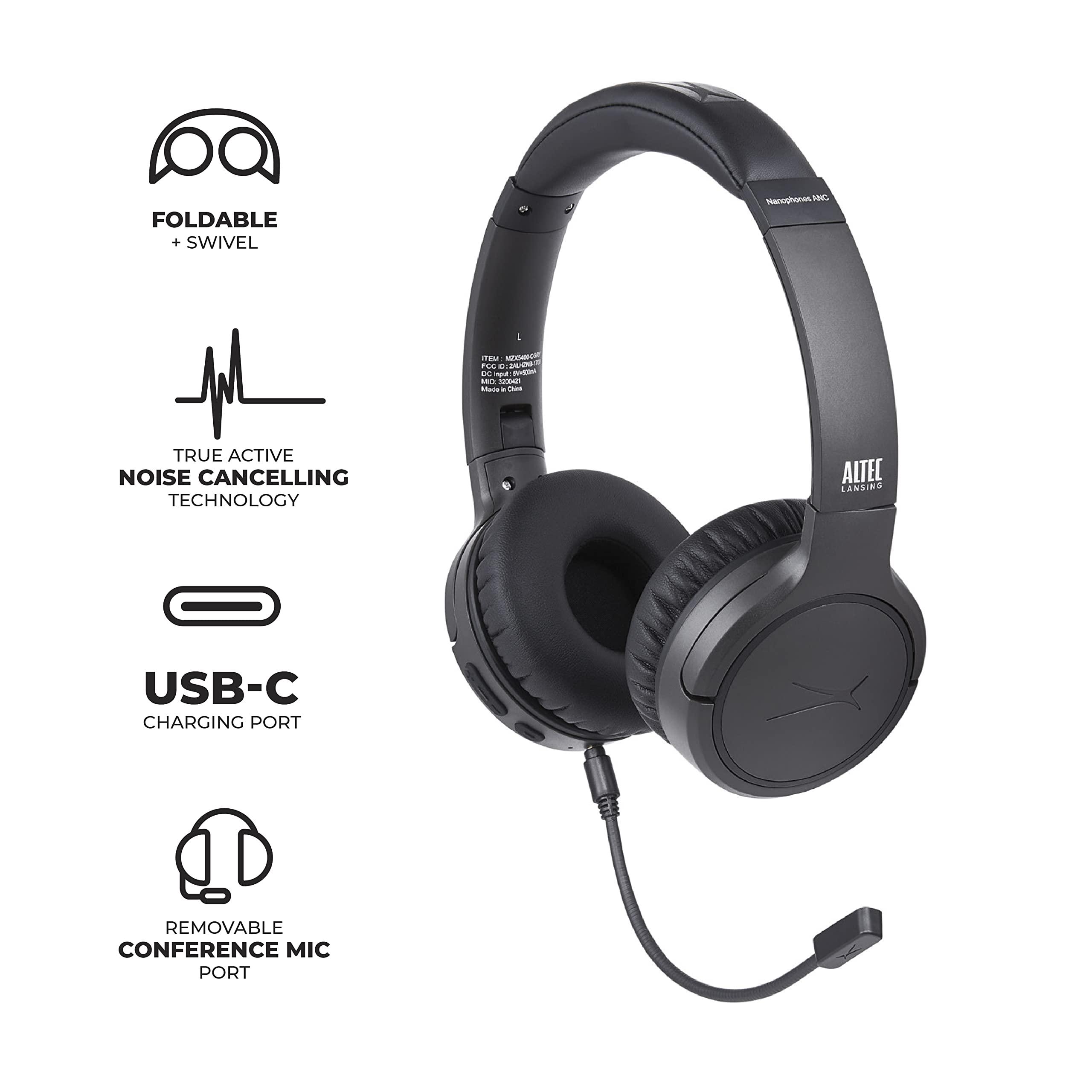 Altec Lansing Altec Lansing Nanophones ANC Bluetooth Wireless Active Noise Cancelling Headphones On Ear Headphones 12 Hour Battery Life, Foldable Earcups, Removeable Mic for Working and Learning from Home (Grey)