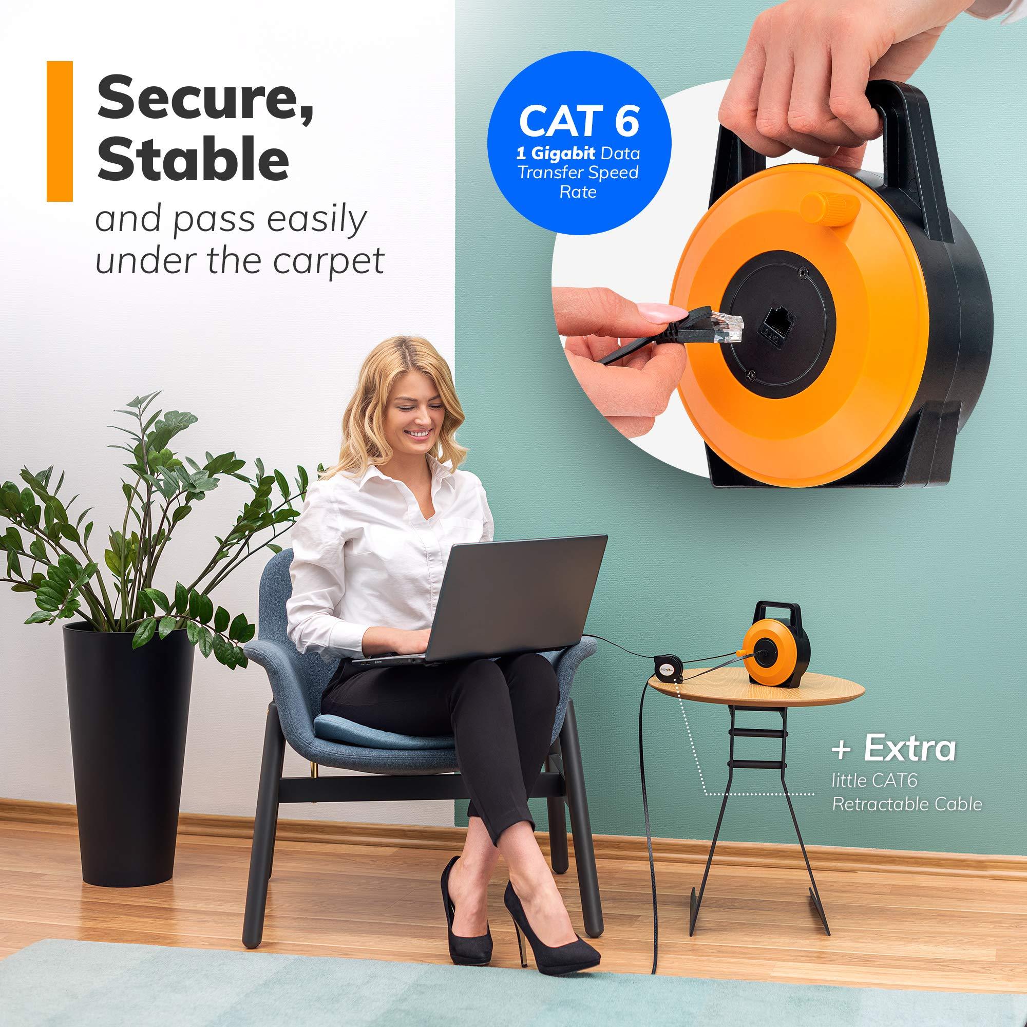 EXTNGO EXTNGO Retractable Network Cable Extender, 50 Ft (15 Meter) CAT 6 Ethernet Cable Flat-Portable 1Gbps Data Speed-Swiftly Setup Temp Networks-Cascadable Male-Female RJ45 Connector-UTP Cable Reel