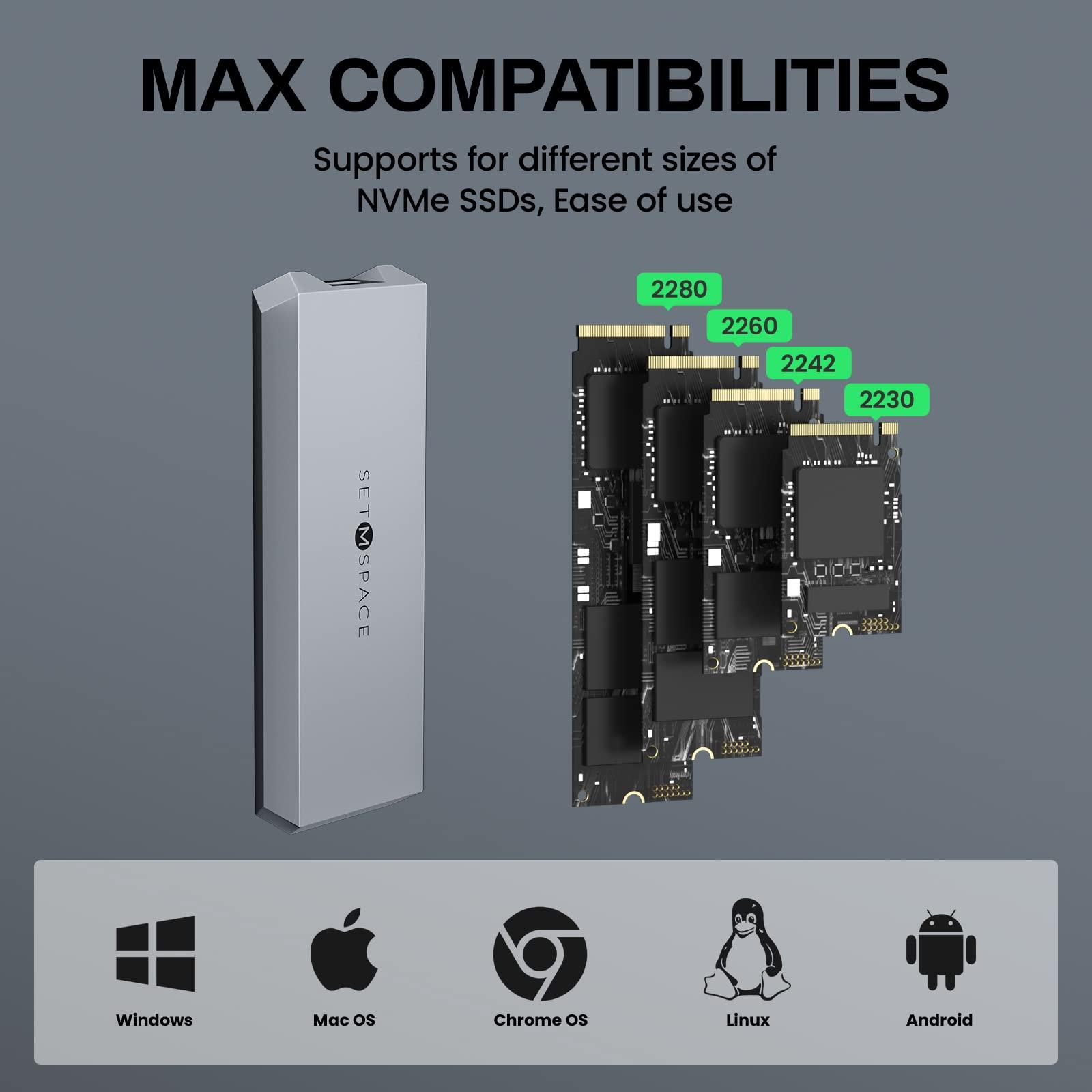 SETMSPACE NVME Enclosure ['Tough Guy' Quality], 20 Gbps M.2 Enclosure for M-Key PCIe NVME, Solid Aluminium Alloy SETMSPACE M.2 Enclosure with USBC/A Cable, Screw Fixed SSD Enclosure for 2230/2242/2260/2280-NEW