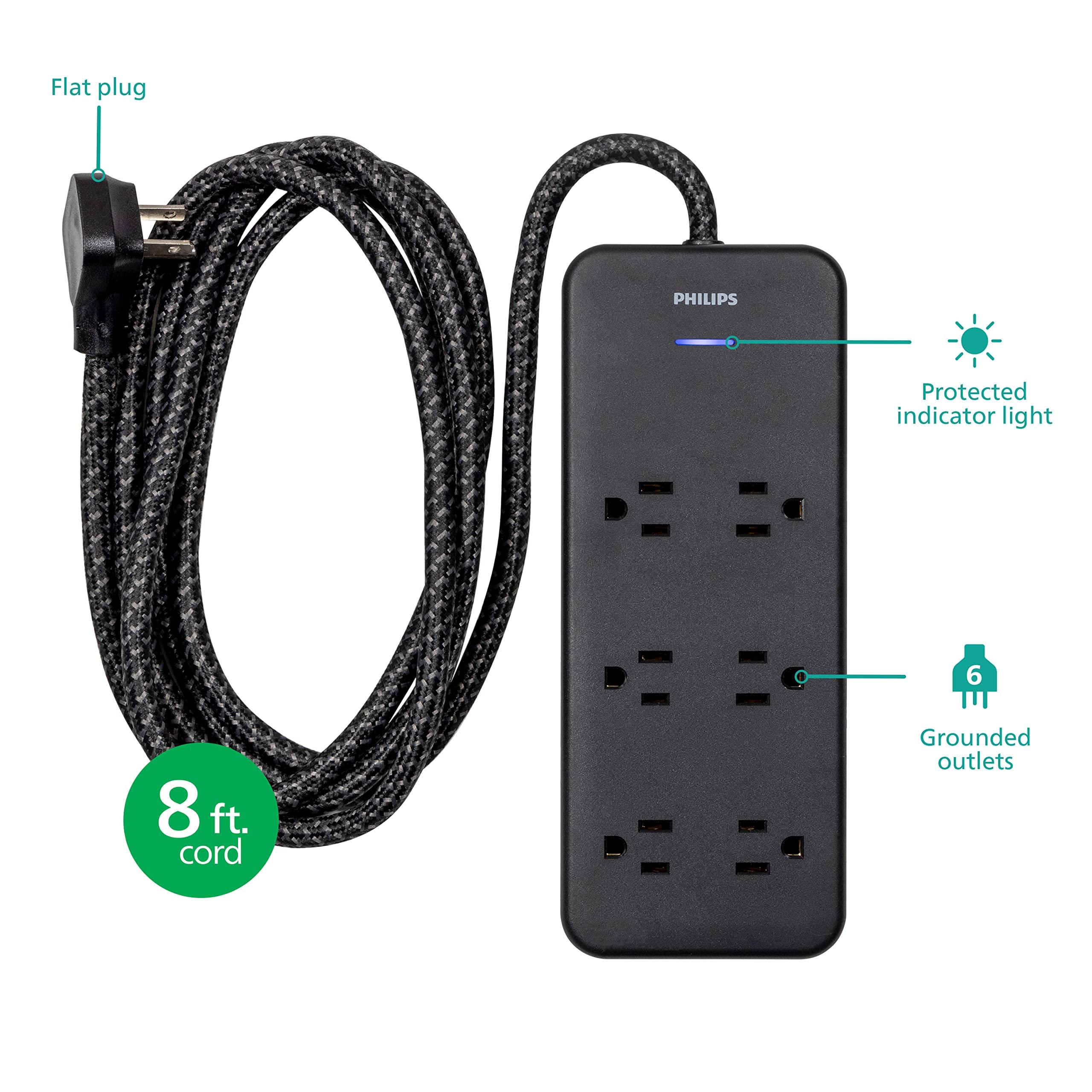 Philips Philips 6-Outlet Surge Protector, 8 Ft, Braided Cord, 1080 Joules, Adapter-Spaced, Black, SPC6066BB/37