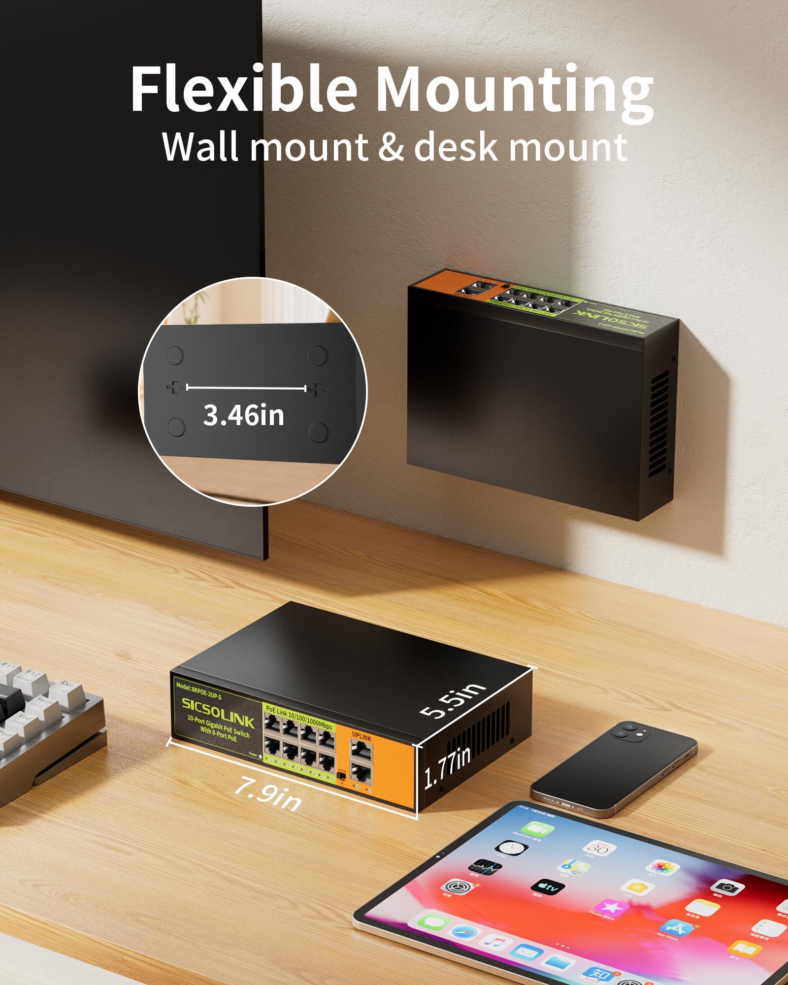 SICSOLINK SICSOLINK Gigabit Ethernet Network PoE Switch, 8 PoE Ports @120W with 2 Uplink Ports, Support 802.3af/at, Unmanaged, VLAN, for PoE Security Camera, AP (10 Gigabit Ports I 8*PoE+ 2*Uplink)