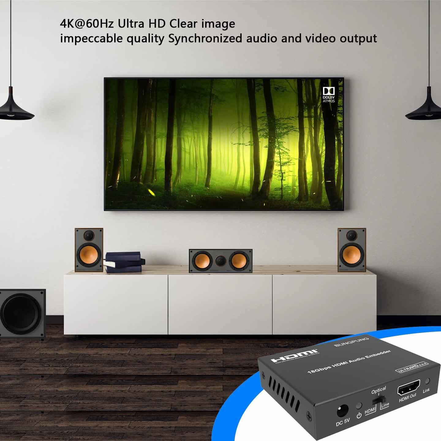 BUNGPUNG BUNGPUNG 4K@60Hz HDMI Audio Embedder Optical Digital SPDIF 3.5 mm L/R Analog Line Audio Inserter HDMI 2.0 HDCP 2.2 HDR CEC
