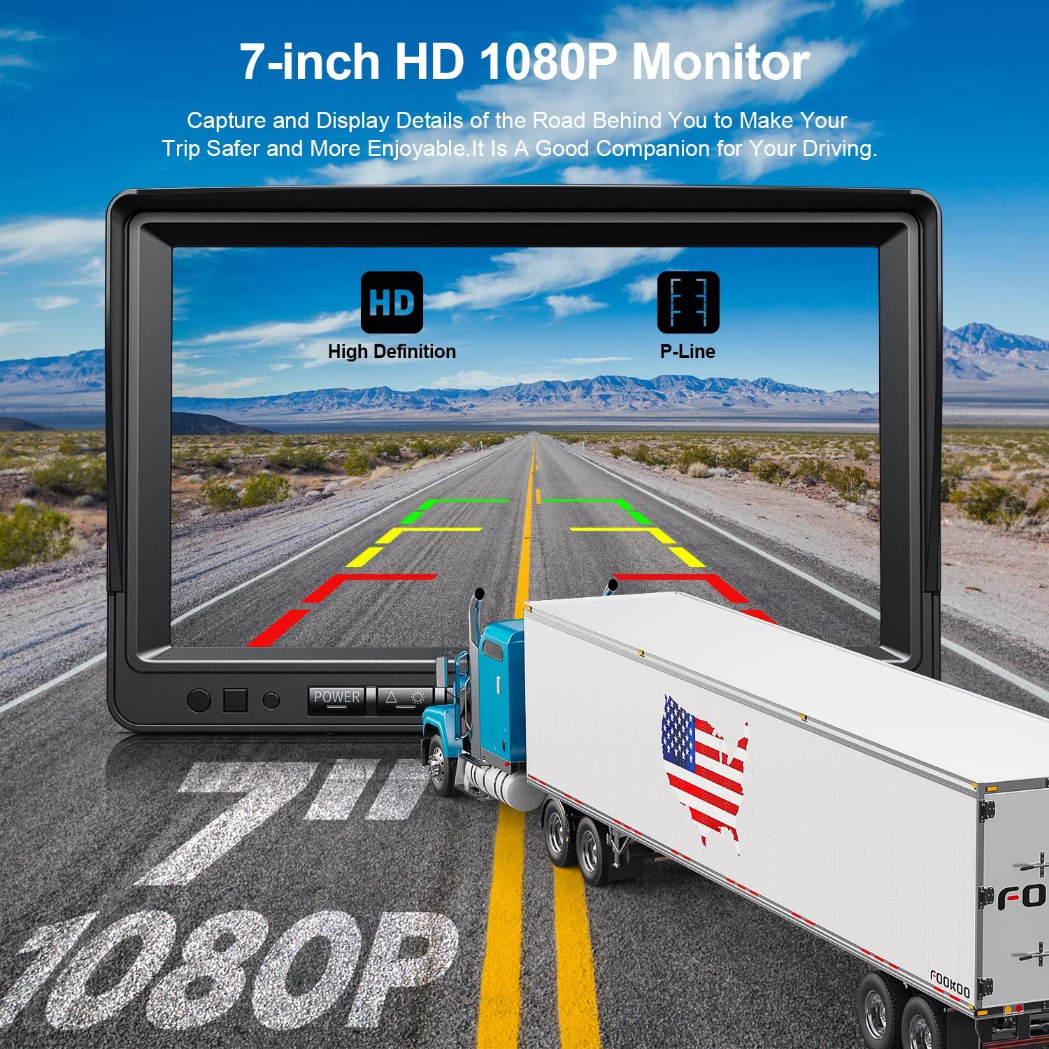 Fookoo Fookoo 1080P 7" Wireless Backup Camera System, 7" HD Dual/Quad Split Monitor with Recording, IP69 Waterproof Rear View Front View Cameras with Parking Lines, Suits for RV/Truck/Trailer/Van/Bus(DW702)