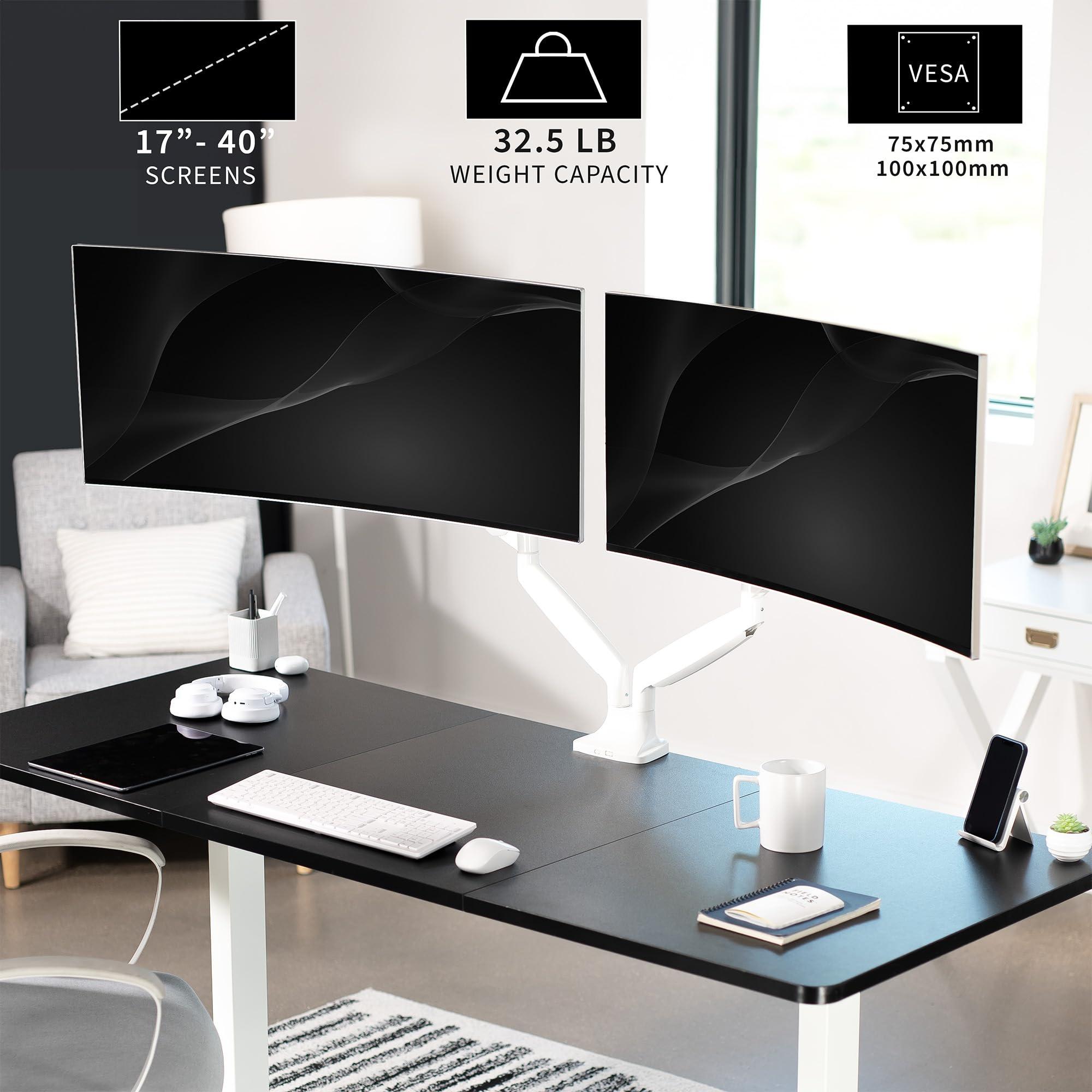 VIVO VIVO Premium Aluminum Heavy Duty Dual Monitor Arm for Ultrawide Monitors up to 40 inches and 32.5 lbs Each, Desk Mount Stand, Pneumatic Height, Max VESA 100x100, White, STAND-V202QW