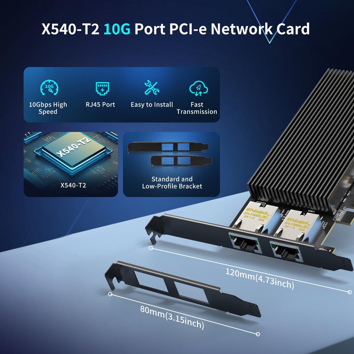 NICGIGA 10Gb Dual LAN Base-T PCI-e Network Card, Intel X540 Controller, NICGIGA 10Gbps Ethernet Adapter, 2 * 10Gbe RJ45 Port, 10G NIC Card, Support Windows/Windows Server/Linux/Vmware/ESX