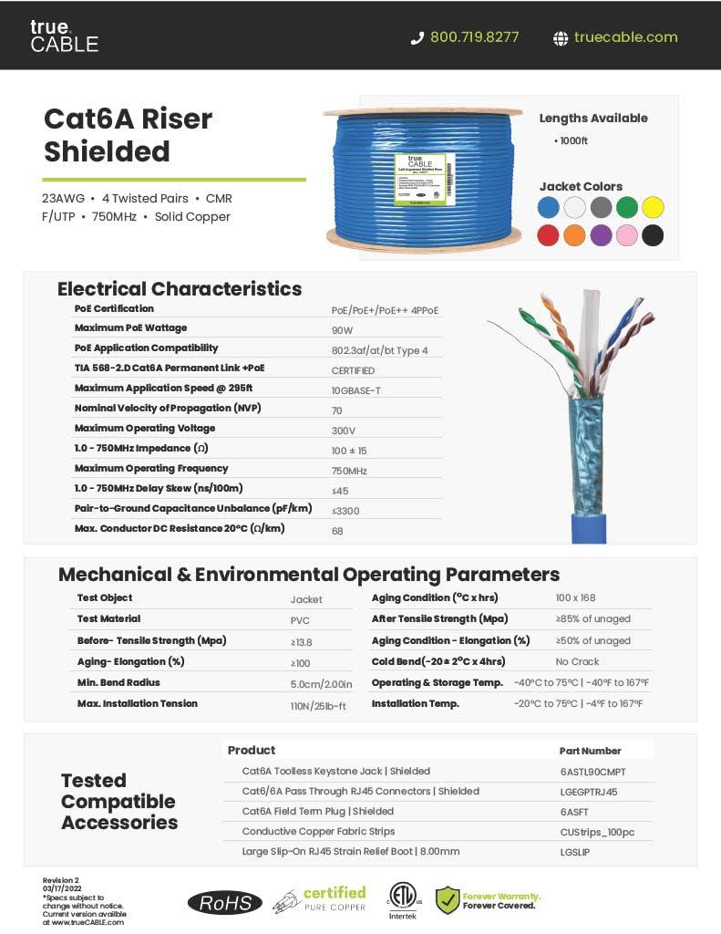 TRUE CABLE trueCABLE Cat6A Shielded Riser (CMR), 1000ft, Gray, 23AWG Solid Bare Copper, 750MHz, PoE++ (4PPoE), ETL Listed, Overall Aluminum Foil Shield (F/UTP), Bulk Ethernet Cable