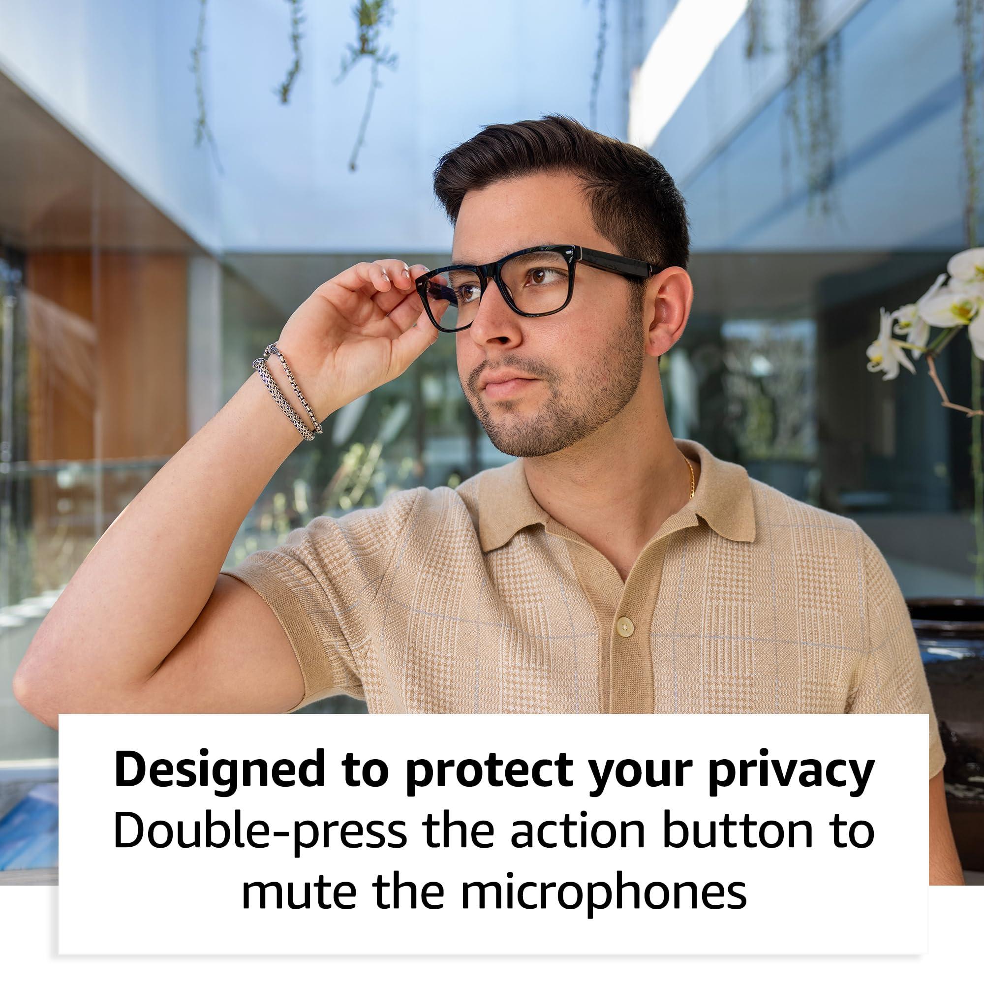 Amazon Amazon Echo Frames, an Alexa device (newest model), Smart glasses with Alexa, Square frames in Classic Black with blue light filtering lenses