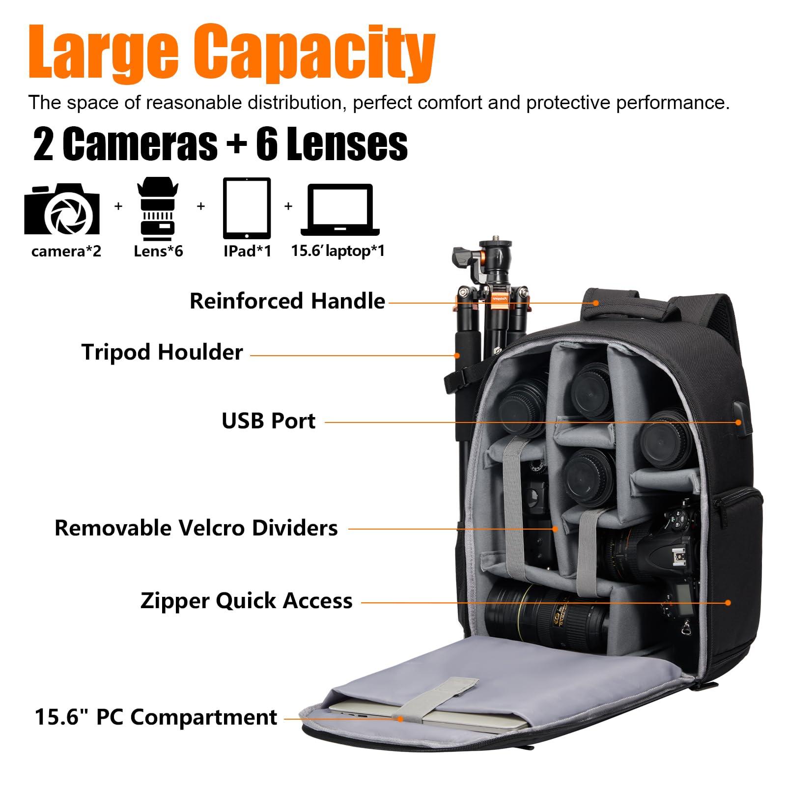 CADeN CADeN Camera Backpack Bag with Laptop Compartment 15.6" for DSLR/SLR Mirrorless Camera Waterproof, Camera Case Compatible for Sony Canon Nikon Camera and Lens Tripod Accessories Black