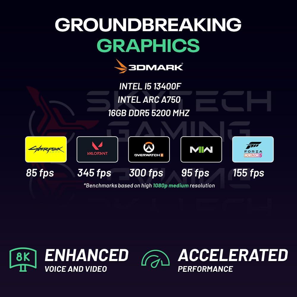 Skytech Gaming Skytech Shadow Gaming PC, Intel i5 13400F 2.5 GHz (4.6GHz Turbo Boost), Intel ARC A750 8GB GDDR6, 1TB SSD, 16GB DDR5 RAM 5200, 650W Gold PSU, Wi-Fi, Win 11 Home