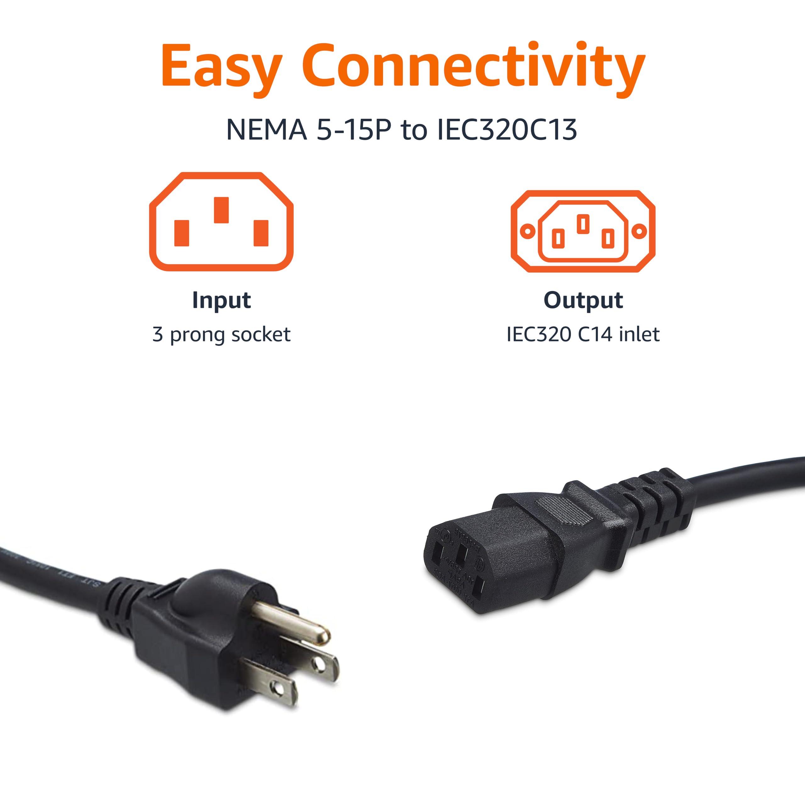 Amazon Basics Amazon Basics PC Power Cord, 6 feet, 5-Pack, AC Power Cord for Monitor, Computer, TV, 3 Prong, 18 AWG, 125 Volts, Black