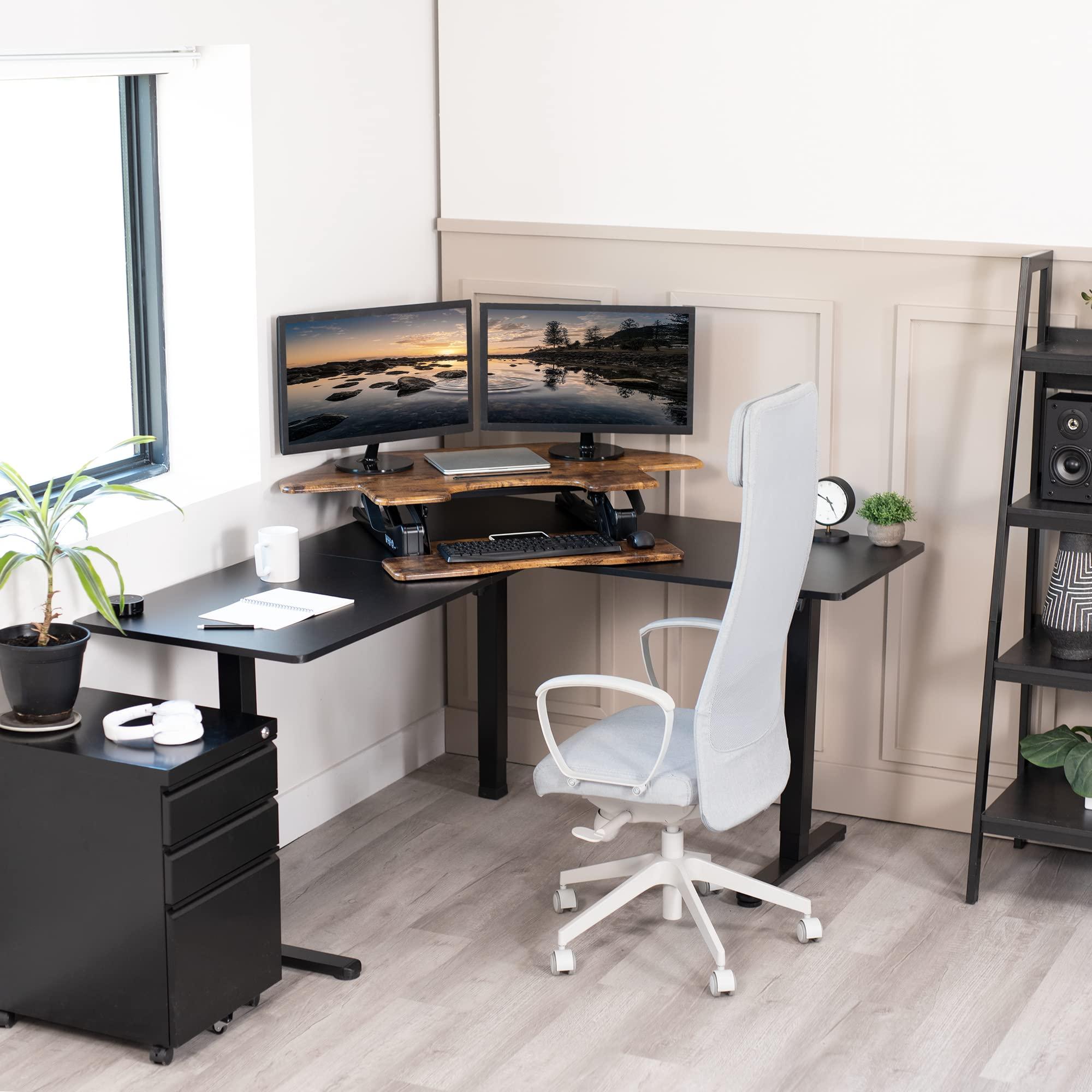 VIVO VIVO 43 inch Corner Height Adjustable Cubicle Stand Up Desk Converter, V Series, Quick Sit to Stand Tabletop Dual Monitor Riser Workstation, Rustic Vintage Brown, DESK-V000VCN