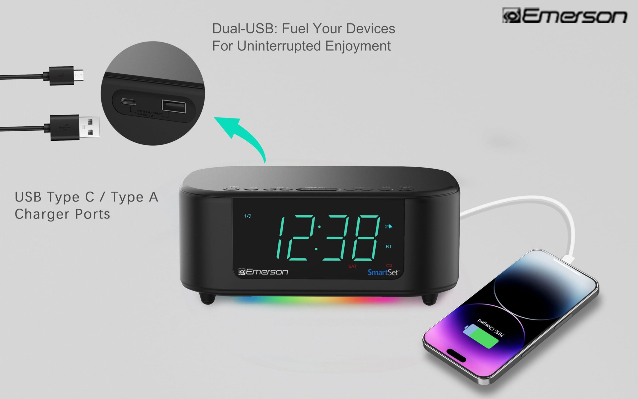 Emerson Emerson CKS8888 6-Watt Smartset Stereo Sound Bluetooth Speaker AM/FM Radio with 7-Color Changing Lights, 1.2 Cyan Display and USB Type-C Charging, Black