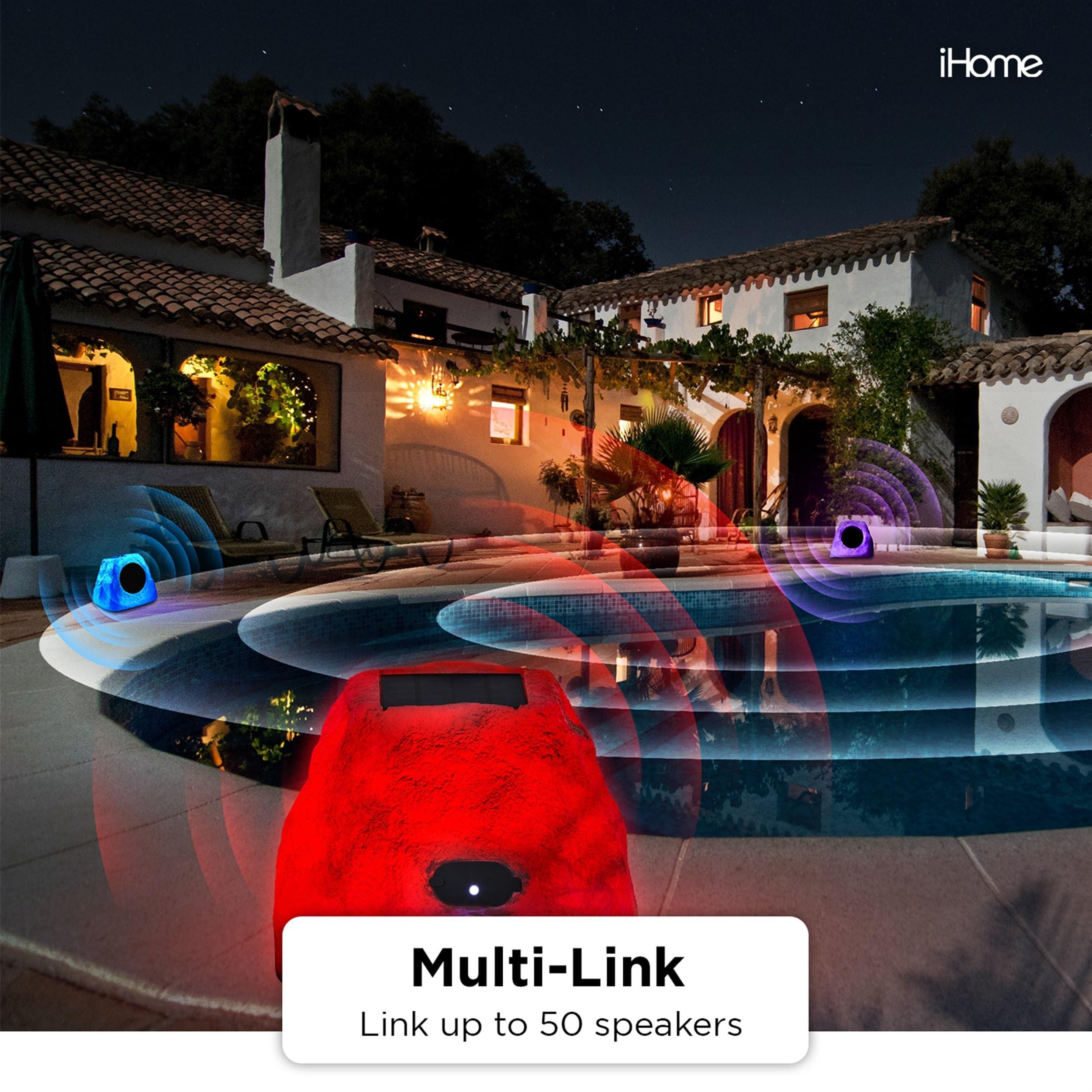 iHome iHome IHRK-500LTMS-PR Solar Rechargeable 30W Outdoor LED Rock Speaker, Weatherproof, Wireless, Multi-Link Surround Sound, for Pool and Garden - Pair