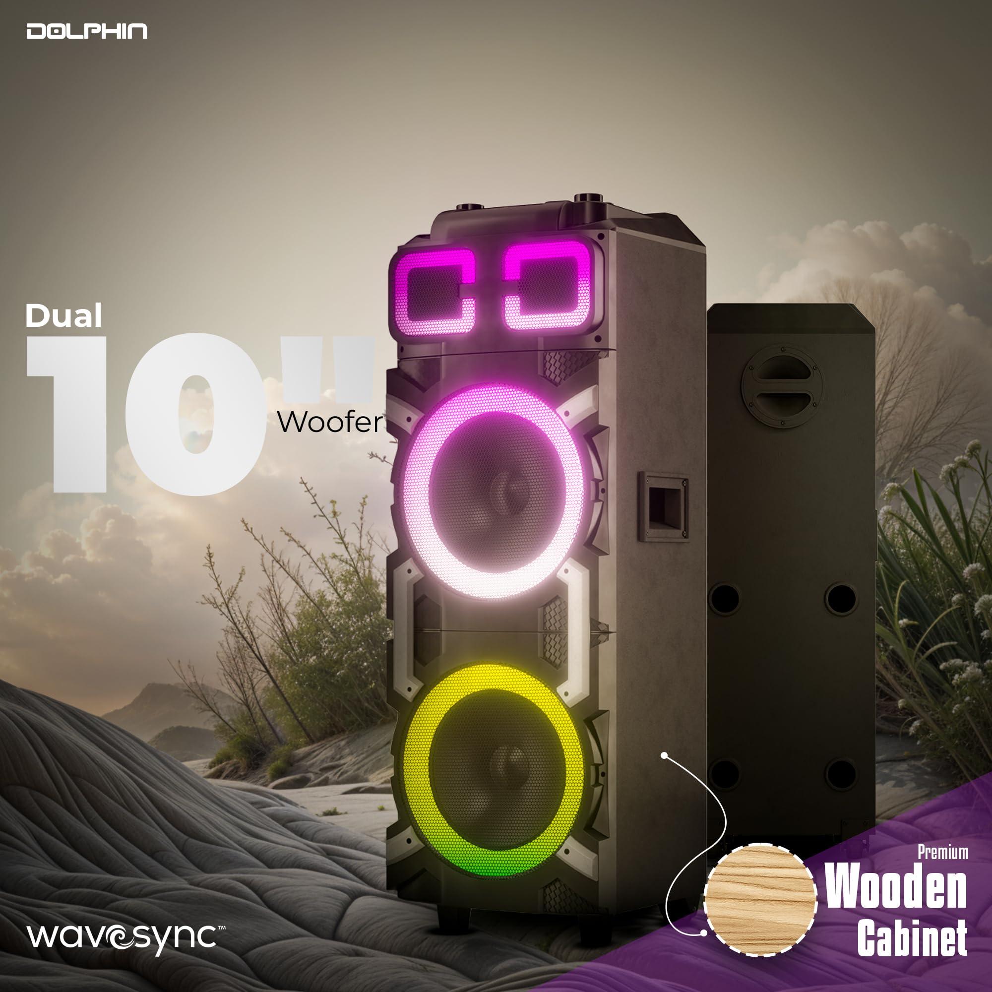 Dolphin Dolphin High-Power Portable Party Bluetooth Speaker Wooden Cabinet, X-BASS, LED Lights, Wireless Microphone Ideal for Parties, Tailgating, and Events