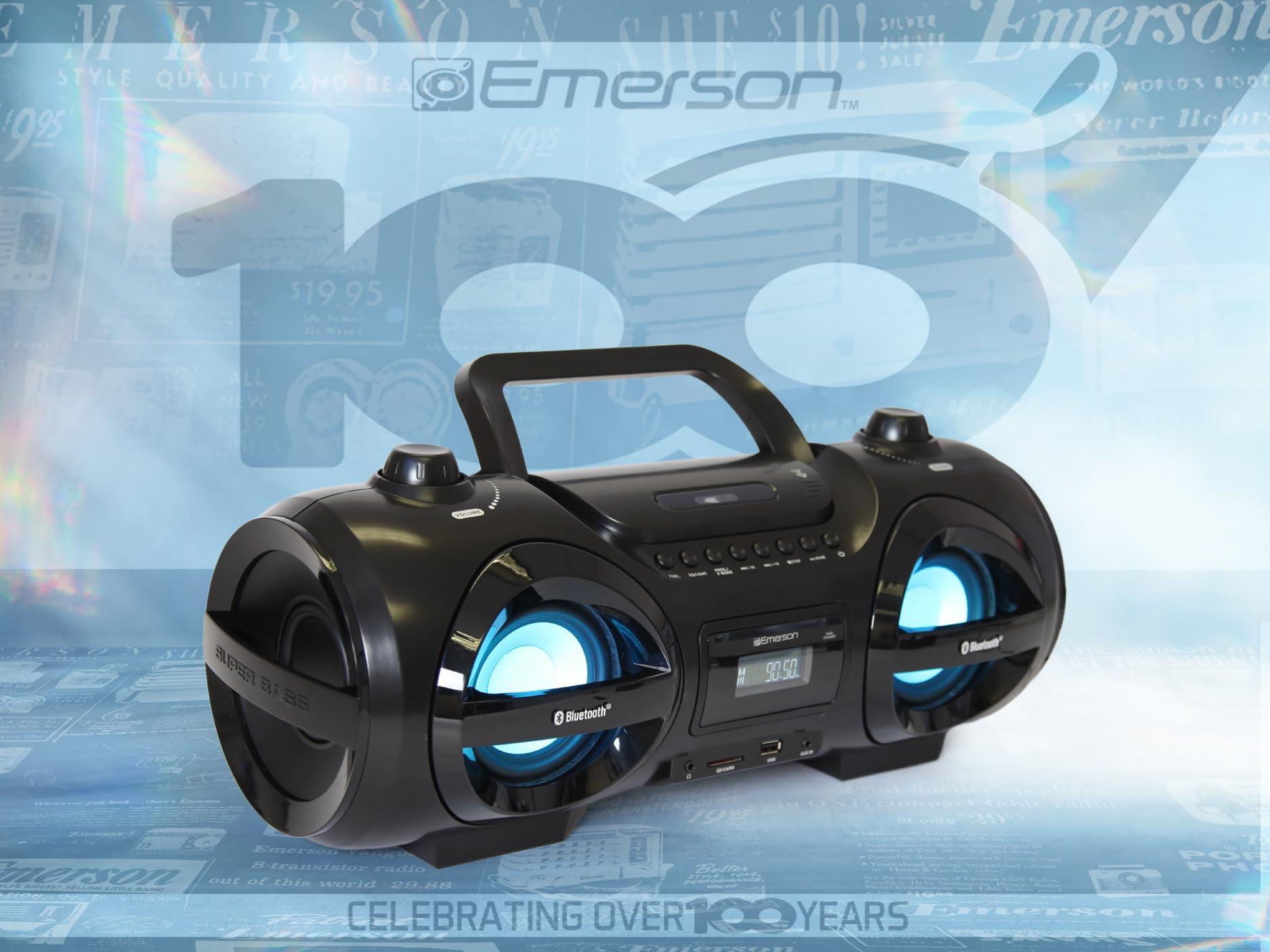 Emerson Emerson EPB-3005 Retro Portable Boombox CD Player, Cassette, AM/FM Radio, Bluetooth, USB, LED Display, Aux-in, Headphone Jack, Battery or AC Powered, Classic Entertainment for Home & Outdoors