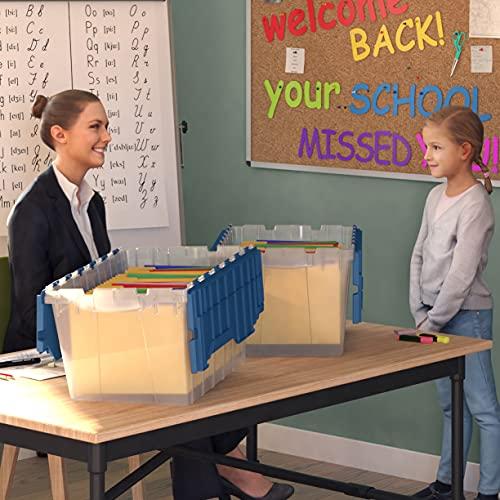 Akro-Mils Akro-Mils 12 Gallon KeepBox File Box Plastic Stackable Storage Container with Hinged Attached Lid and Rails for Hanging File Folders, 21-Inch L x 15-Inch W x 12-Inch H, Clear/Blue