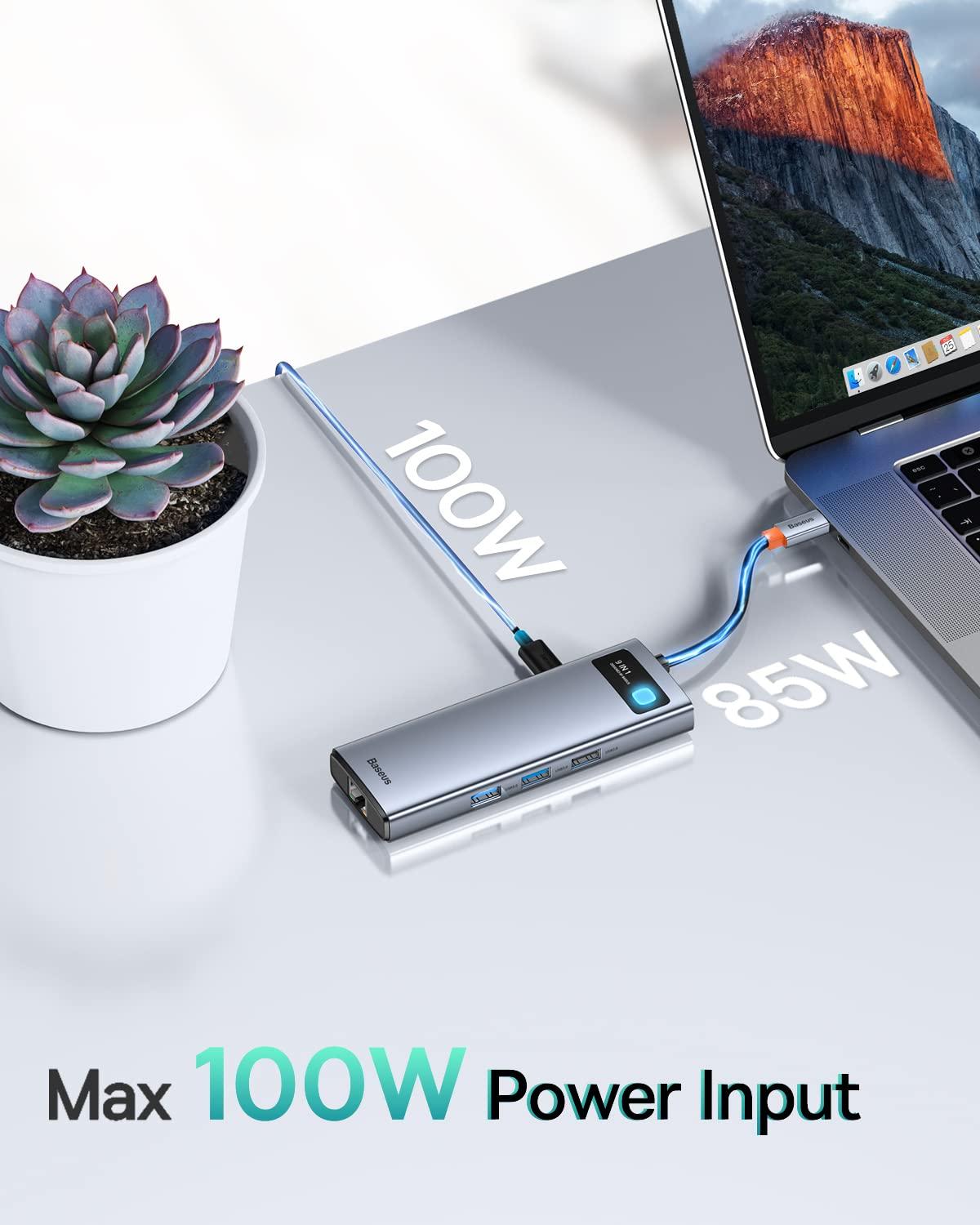 Baseus Baseus Laptop Docking Station Dual Monitor 4K@120Hz, 9 in 1 USB C Hub with 2 HDMI, 1000Mbps LAN, 100W PD, 3 USB, SD Card Reader & USB C Charger, Baseus 65W USB C Wall Charger, 3 Ports Foldable GaN