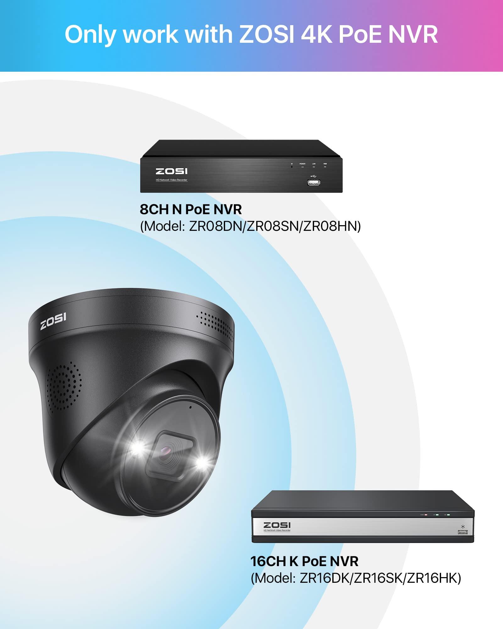 ZOSI ZOSI 4PK 4K PoE Add On Cameras with Ethernet Cables,8MP Dome Security IP Camera Outdoor Indoor,Person Vehicle Detection,Night Vision,Sound & Light Alarm,2-Way Audio,Only Work ZOSI 4K PoE NVR