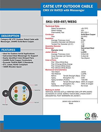 VC VERTICAL CABLE Vertical Cable Cat5e, 350 Mhz, UTP, UV Jacket, Outdoor, CMX, Messenger, 1000ft, Black, Bulk Ethernet Cable, Wooden Spool