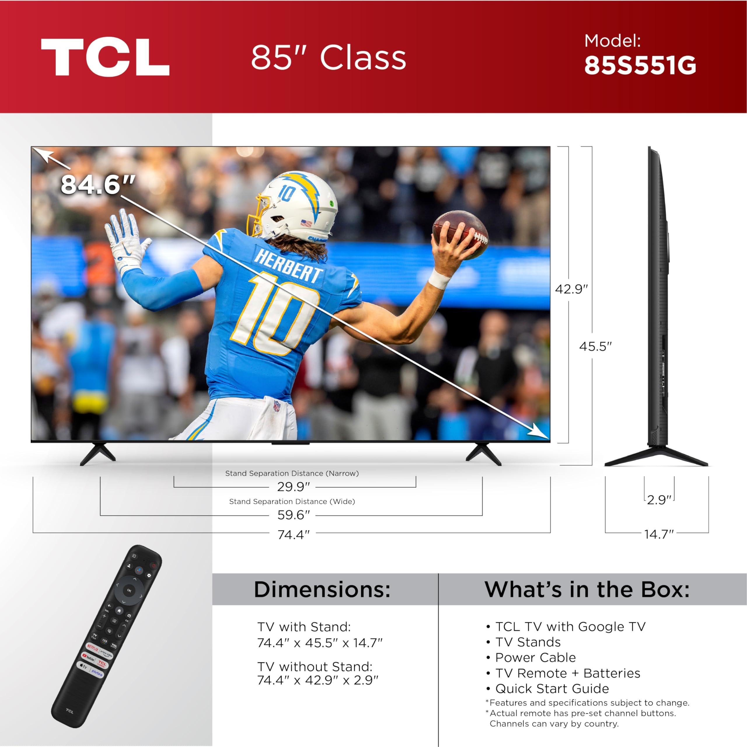 TCL TCL 85-Inch Class S5 4K UHD LED Smart TV with Google TV (85S551G, 2024 Model), Google Assistant Built-in with Voice Remote, Compatible with Alexa, Streaming Television