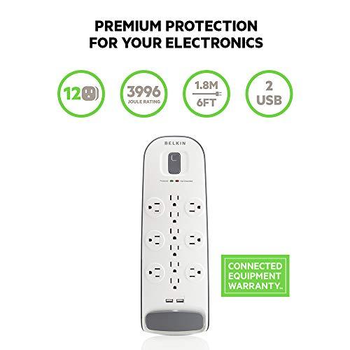 Belkin Belkin USB Power Strip Surge Protector - 12 AC Multiple Outlets & 2 USB Ports - 6 ft Long Flat Plug Extension Cord for Home, Office, Travel, Computer Desktop & Charging Brick - White (3,996 Joules)
