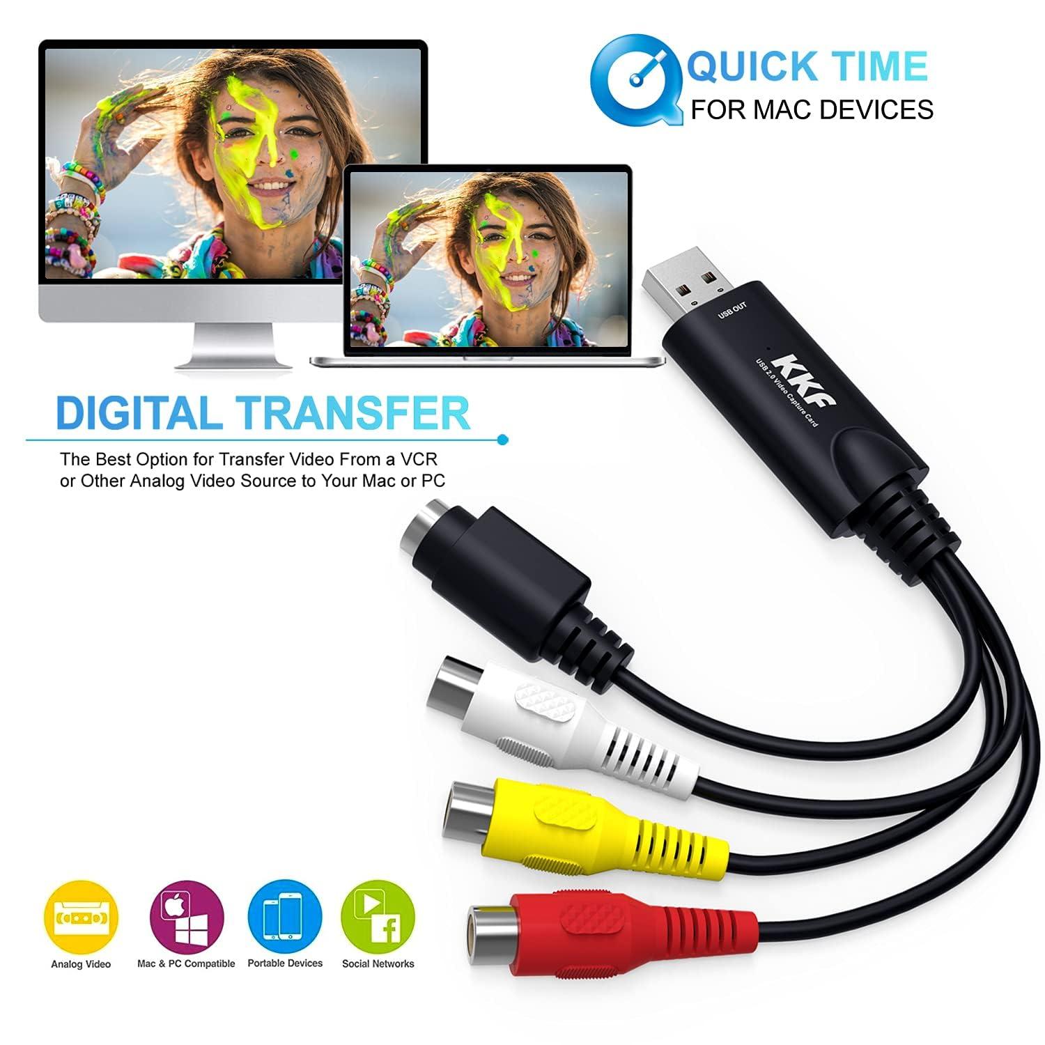Kkf Kkf USB 2.0 Video Capture Card for Streaming VHS to Digital Converter, with Audio Transfer Grabber, Digitize Video DSLR DVD PS3 PS4 Camera Adapter, for Mac, PC or Notebook (IU037B-2)