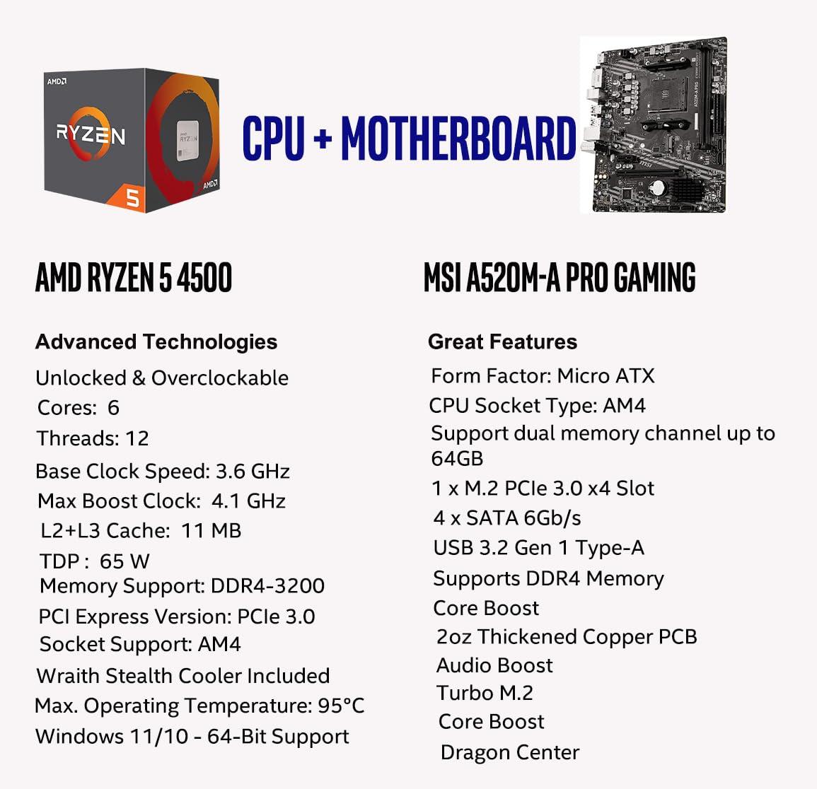 INLAND INLAND AMD Ryzen 5 4500 Unlocked Desktop Processor with MSI A520M-A PRO Gaming Motherboard (AMD AM4, DDR4, PCIe 4.0, Micro-ATX),