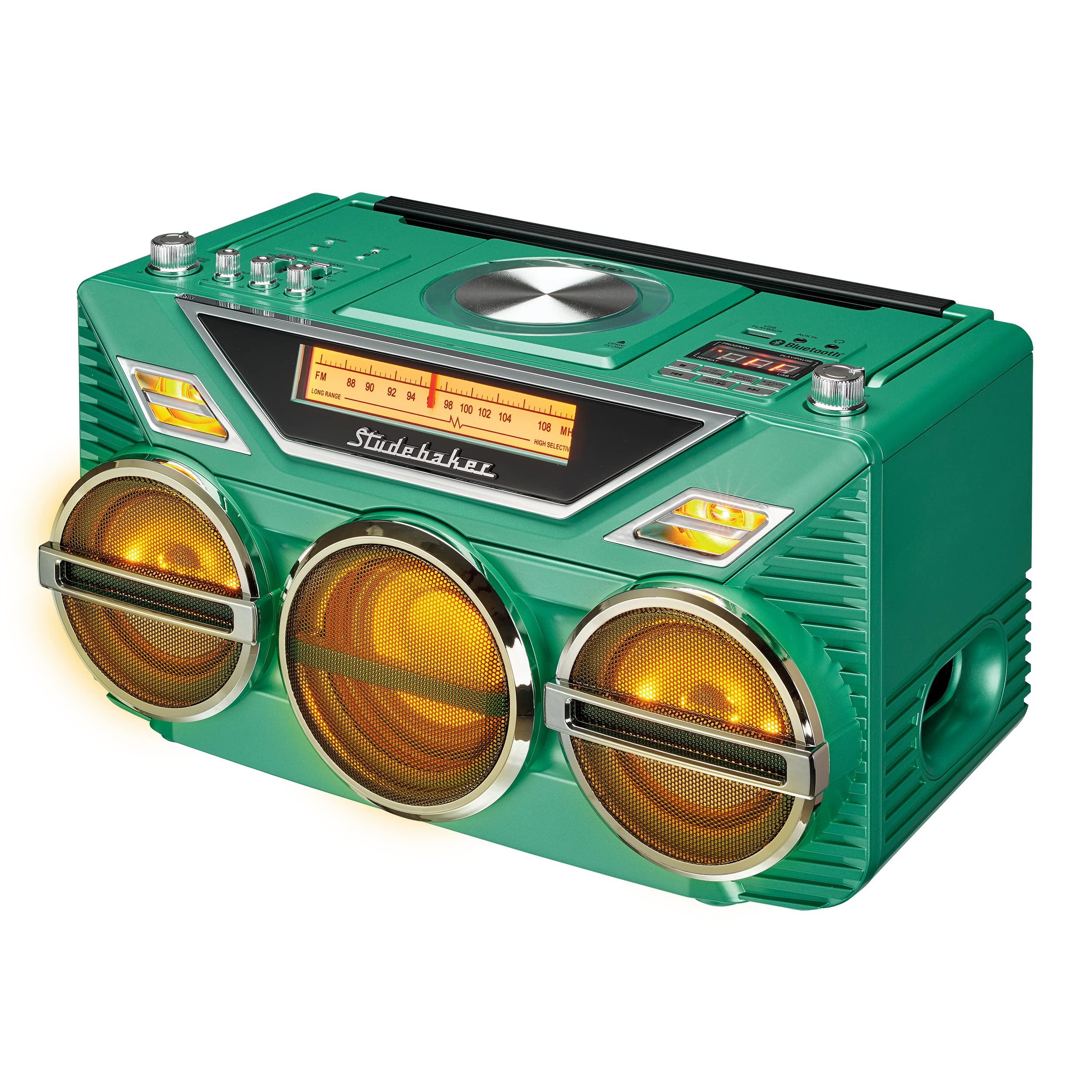 Studebaker Retro Studebaker Avanti Stereo Boombox with CD, FM Stereo Radio, Bluetooth Receive and Transmit, LED Light Show and 15W Subwoofer for High Power Bass (Teal)