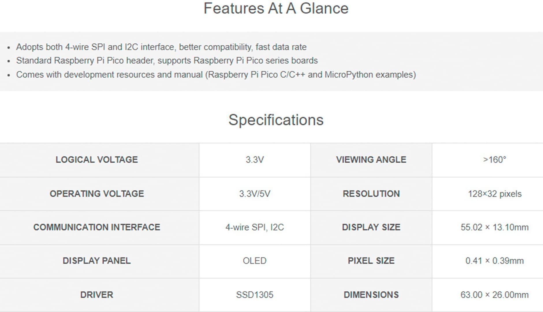 waveshare waveshare 2.23inch OLED Display Module for Raspberry Pi Pico, 12832 Pixel,4-Wire SPI/I2C Interface, 3.3V/5V Operating Voltage