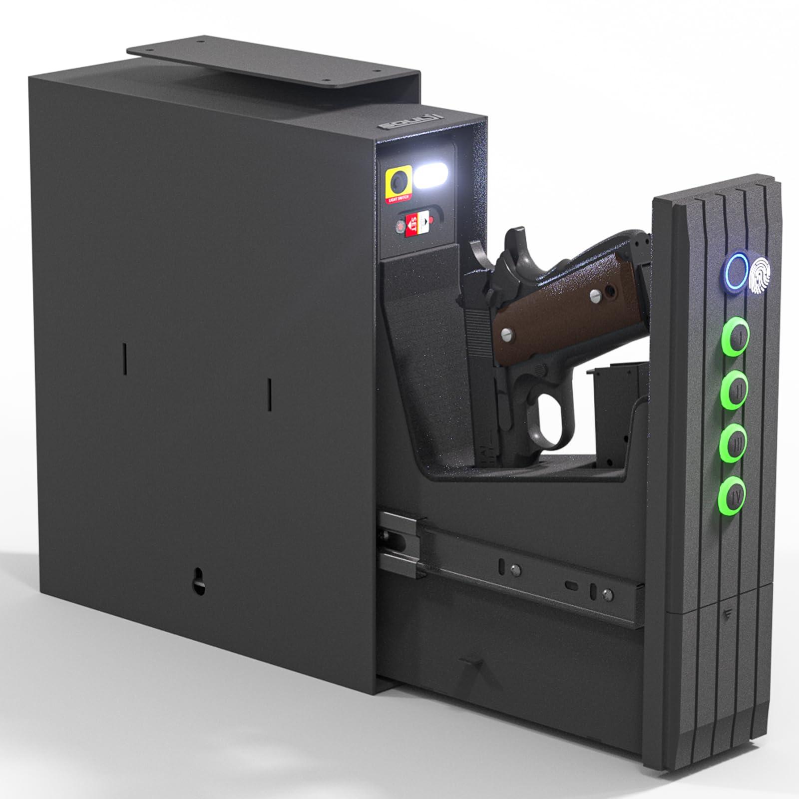 SOULYI SOULYI Biometric Slider Handgun Safe, Quick Access Pistol Safe for Nightstand, Bedside, Desk, Vehicle with Fingerprint, PIN Code, Key Lock, LED Light, and Silent Mode