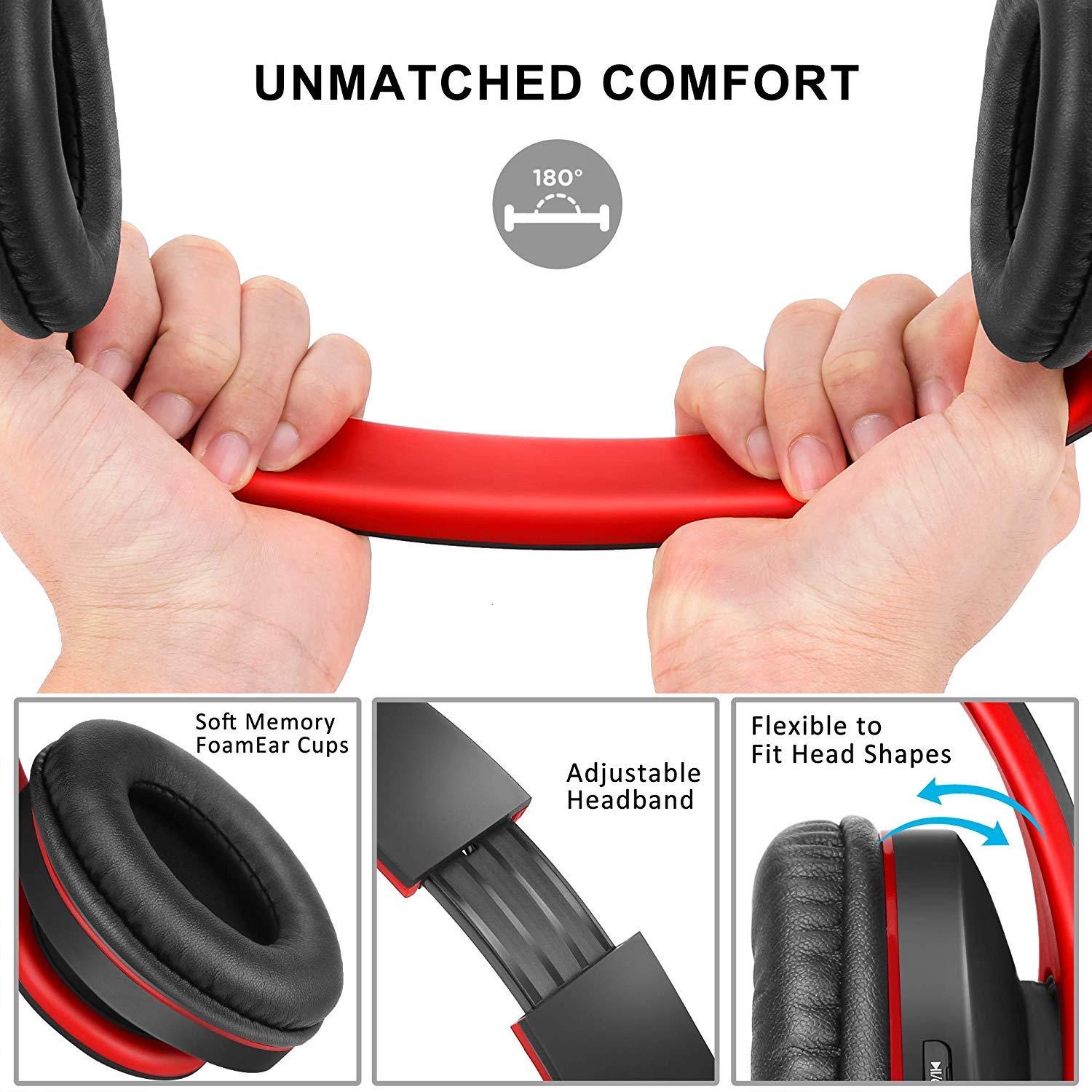 ZIHNIC ZIHNIC Bluetooth Headphones Over-Ear, Foldable Wireless and Wired Stereo Headset Micro SD/TF, FM for Cell Phone,PC,Soft Earmuffs &Light Weight for Prolonged Wearing (Black/red)