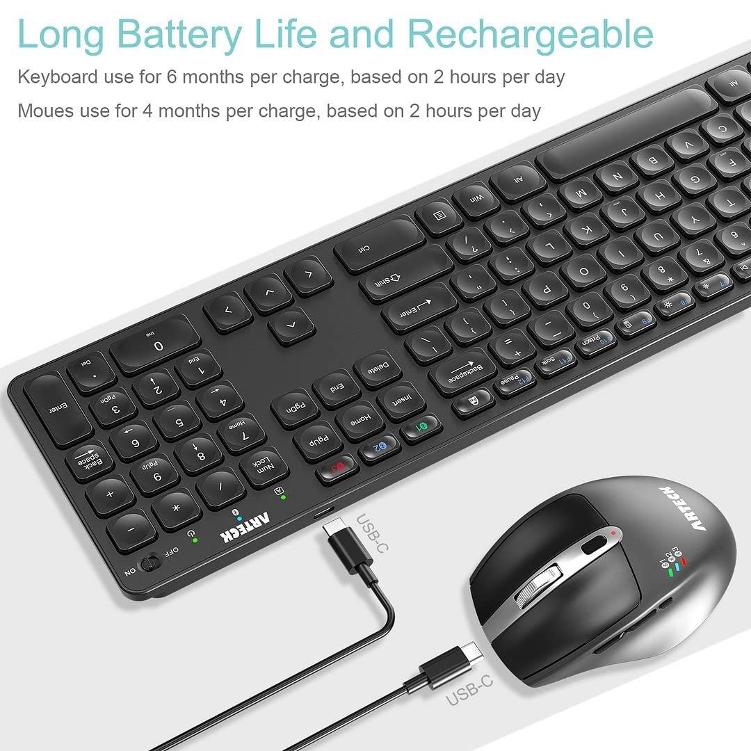 Arteck Arteck Universal Multi-Device Bluetooth Keyboard and Mouse Full Size Wireless Bluetooth Keyboard and Ergonomic Mouse Set for Windows, iOS, Android, Computer Desktop PC Laptop iPad Tablet Smartphone