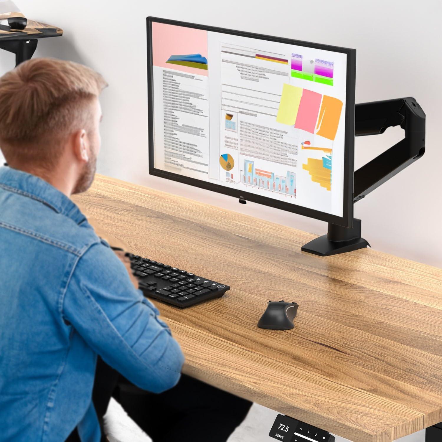 Desky Desky Heavy Duty Single Monitor Arm (24lbs+) Ergonomic Gas Spring Desk Mount, Fits 3843" Ultrawide Screens, VESA 75x75/100x100, Clamp/Grommet Base Black