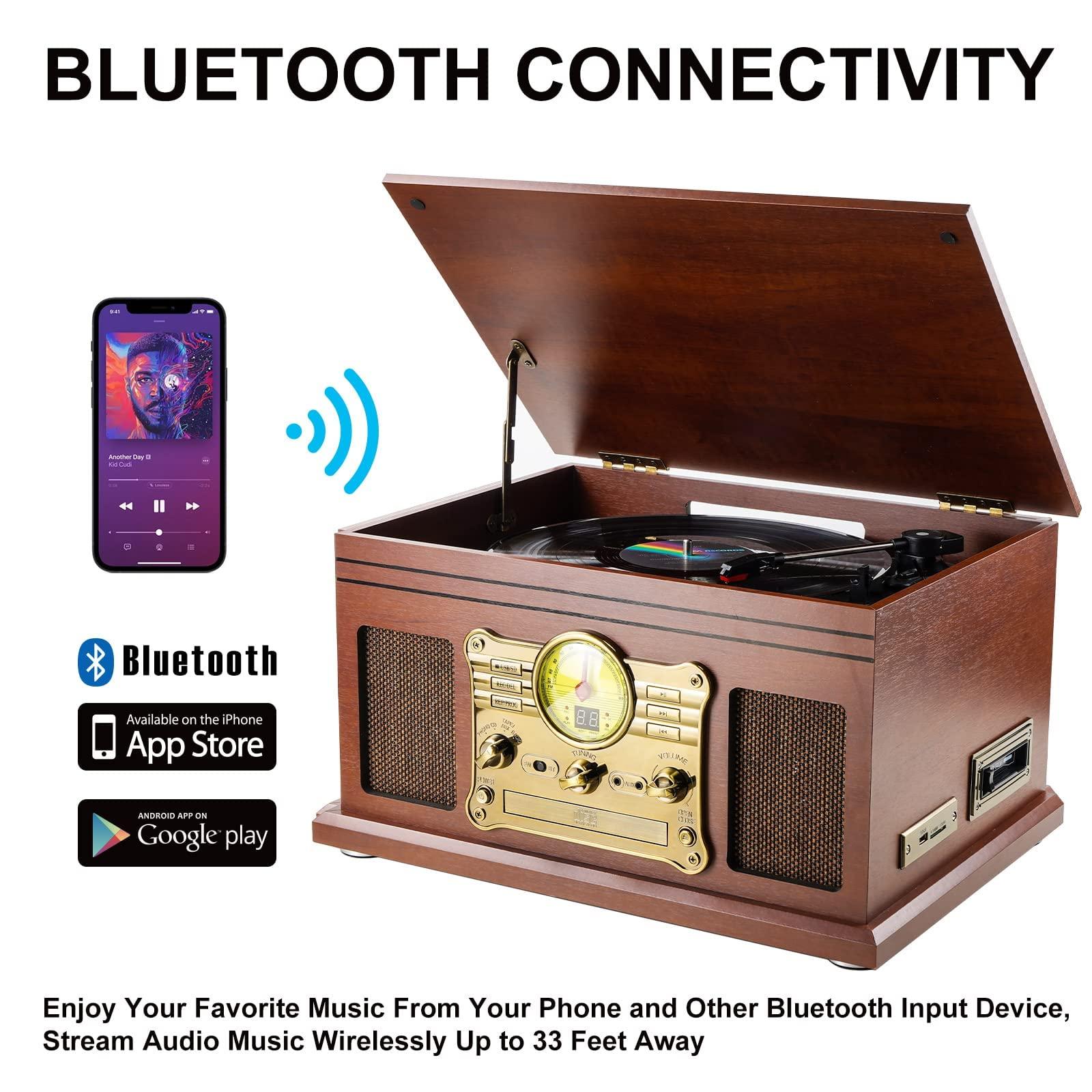 FEKTIK FEKTIK Bluetooth Record Player 10 in 1, 3-Speed Turntable for Vinyl with Speakers, LP to MP3 Converter, CD, Cassette Player, FM Radio, Wireless Streaming | Mahogany