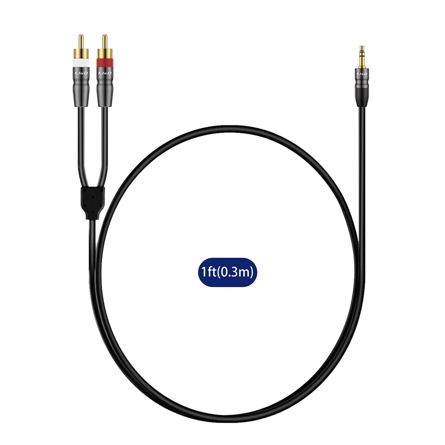 J&D J&D 3.5 mm to Dual RCA Male Stereo Audio Cable, Heavy Duty RCA Cable Gold Plated Copper Shell 3.5mm Male to 2 RCA Male Cable for Smartphone/MP3 Player/Tablet, 1 Feet