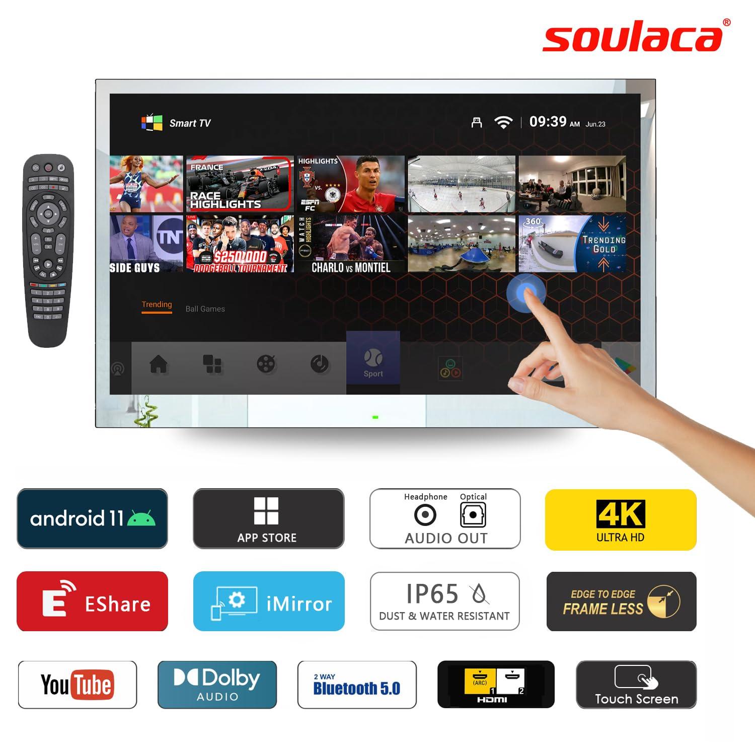 Soulaca Soulaca 32 inches 4K Touchscreen Android Bathroom Mirror LED Smart TV IP65 Waterproof UHD WiFi Bluetooth Frameless ATSC SPA Hotel 2025 Model