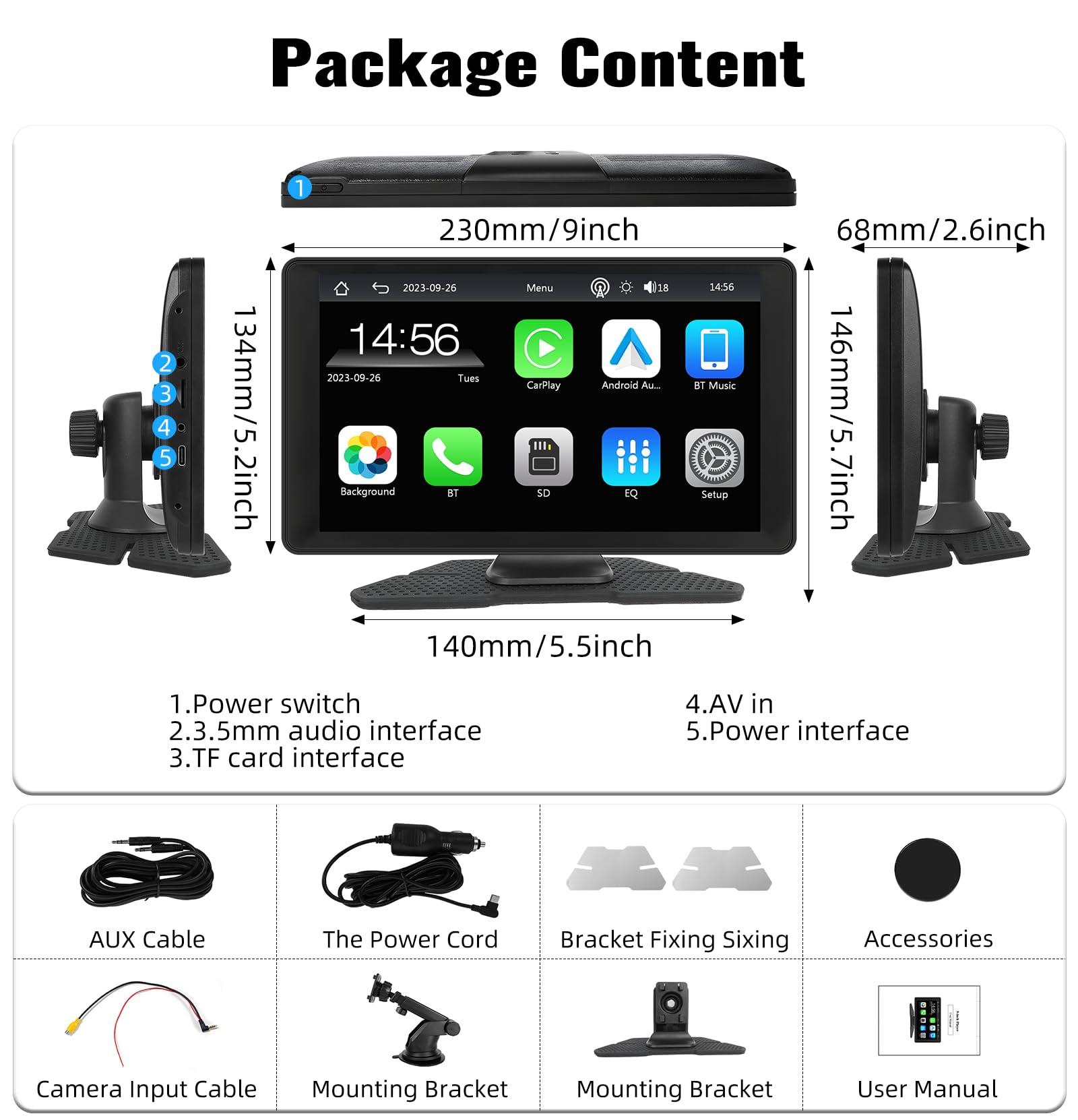 CAMECHO 9 Inch Wireless Car Stereo with Apple Carplay Android Auto Portable Car Play Touch Screen Car Radio Stereo with Siri/EQ/AUX/FM/Bluetooth Drive Mate