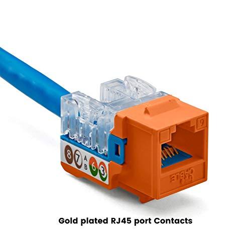 TRUE CABLE trueCABLE Cat6 Keystone Jack, Unshielded (UTP), 90 Degree Punch-Down, PoE++ (4PPoE) 100W, UL Listed, ETL Verified, ANSI/TIA Certified, Modular RJ45 Female, Orange, 12 Pack
