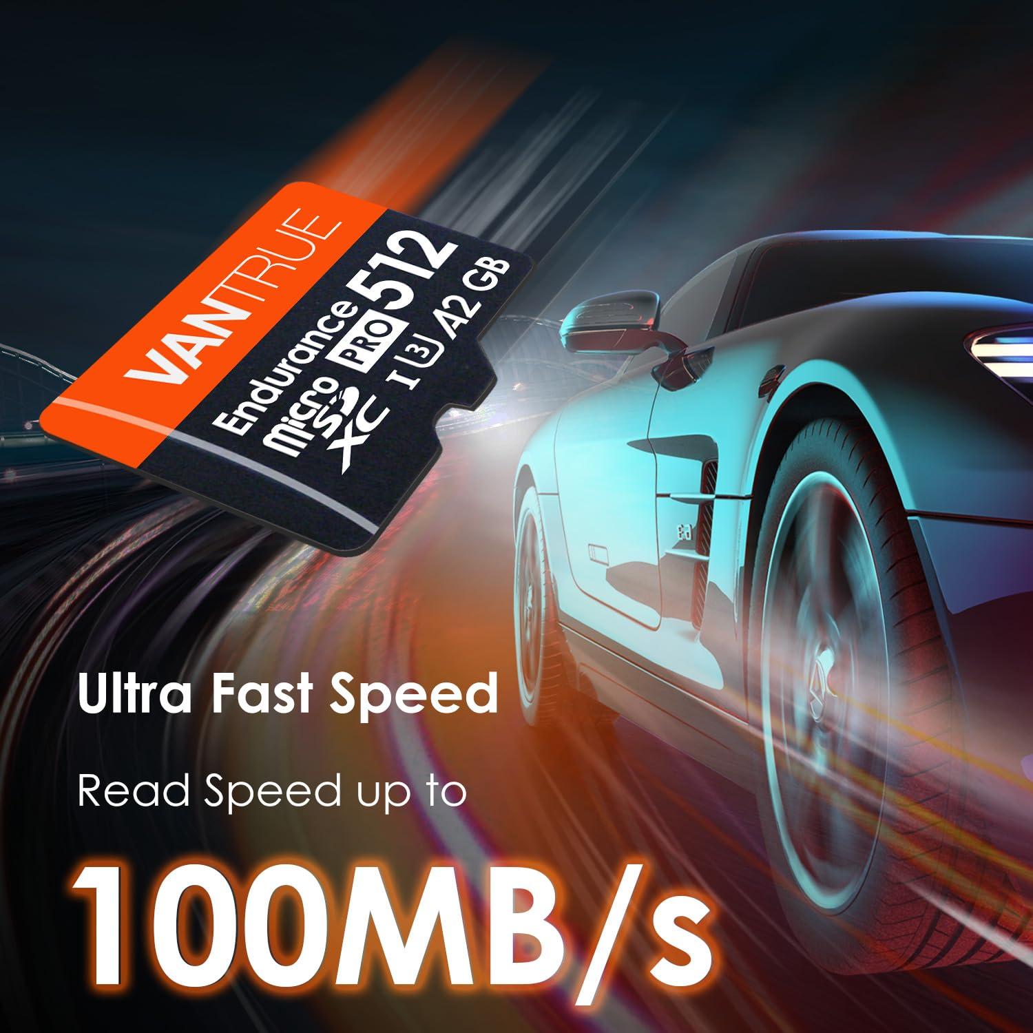 VANTRUE Vantrue 512GB microSDXC UHS-I U3 4K UHD Video High Speed Transfer Monitoring SD Card with Adapter for Dash Cams, Body Cams, Action Camera, Surveillance & Security Cams