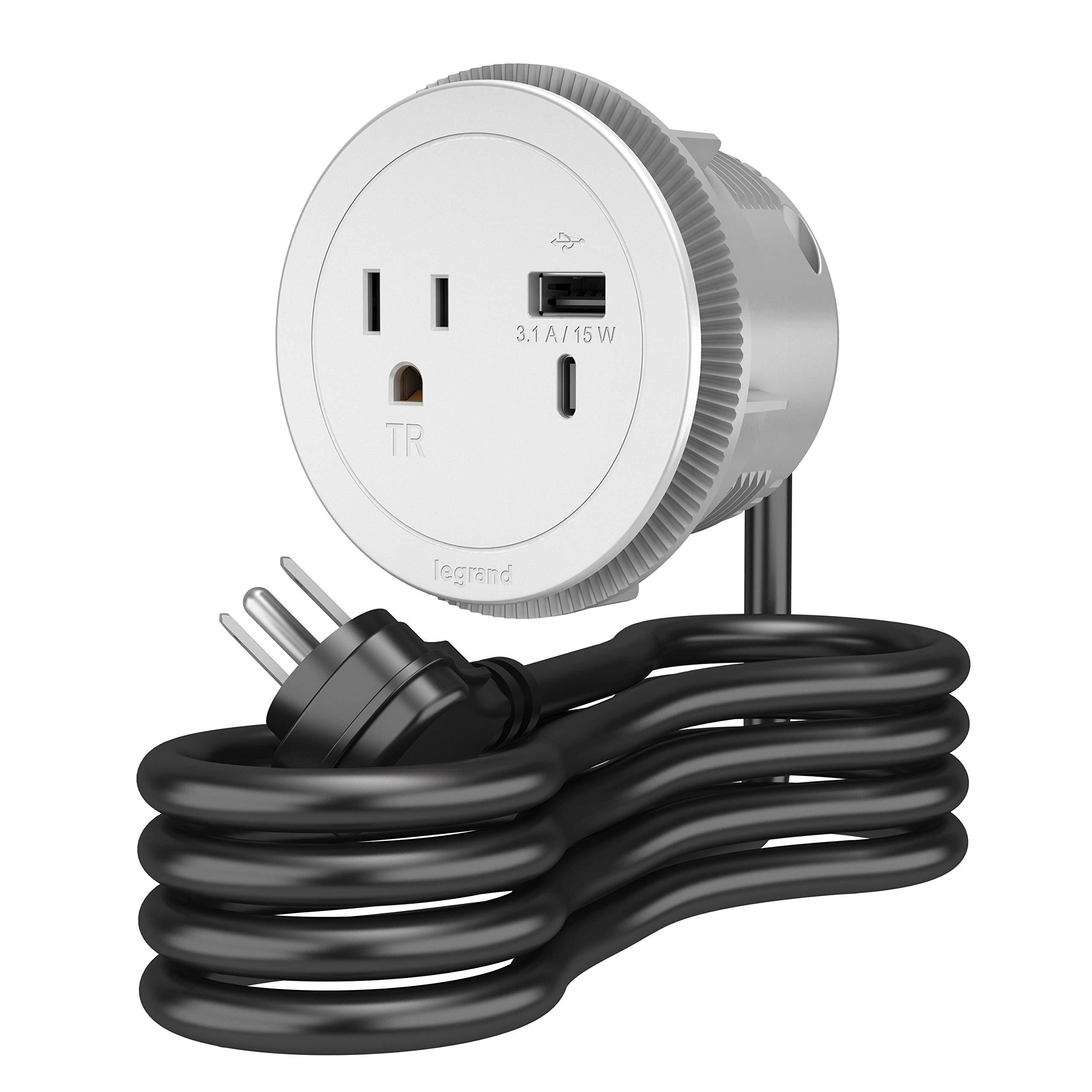 Wiremold Legrand Wiremold RFPCRUAUC-WH10 Round Furniture Power Center with USB, 1 Outlet, Type A/C USB, 10 Foot Cord, White