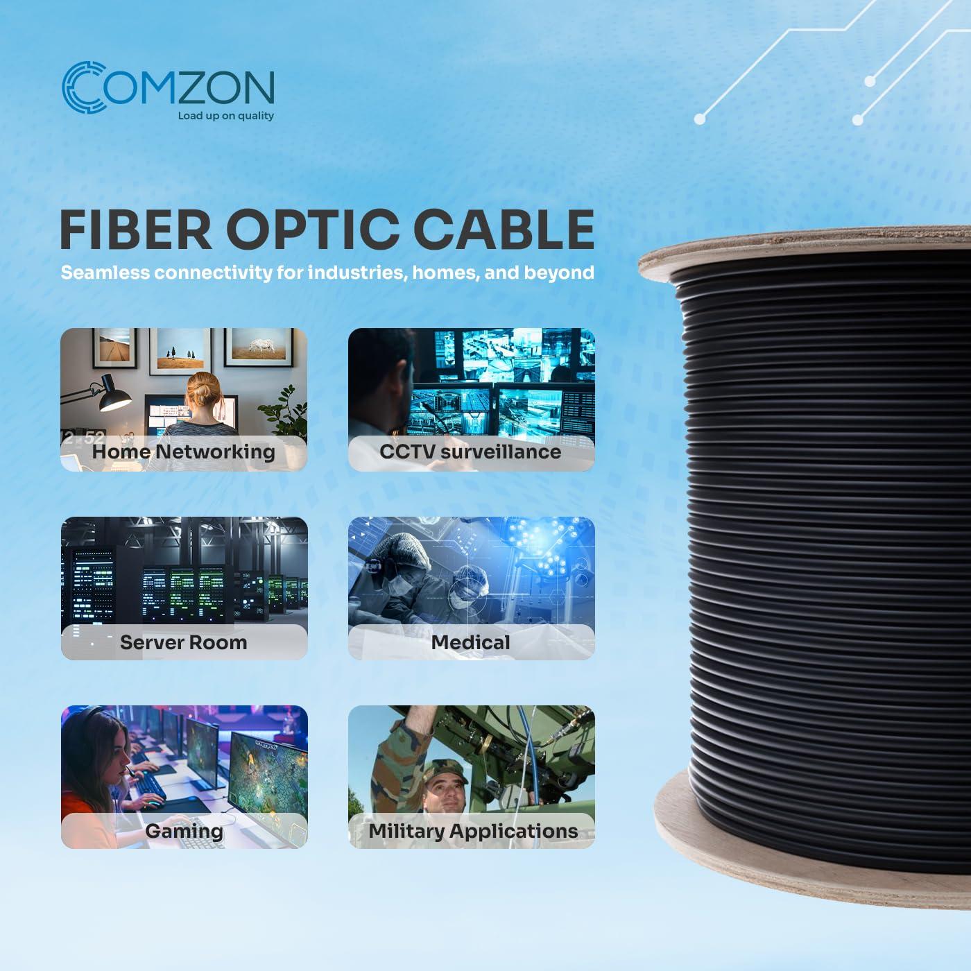 COMZON COMZON 2-Strand Fiber Indoor/Outdoor Fiber Optic Cable Multimode 50/125 OM3, 10Gbps, Riser Rated, Black, Spool, Water-Blocking, PVC Jacket, UL-Listed, Corning Quality, 2000ft
