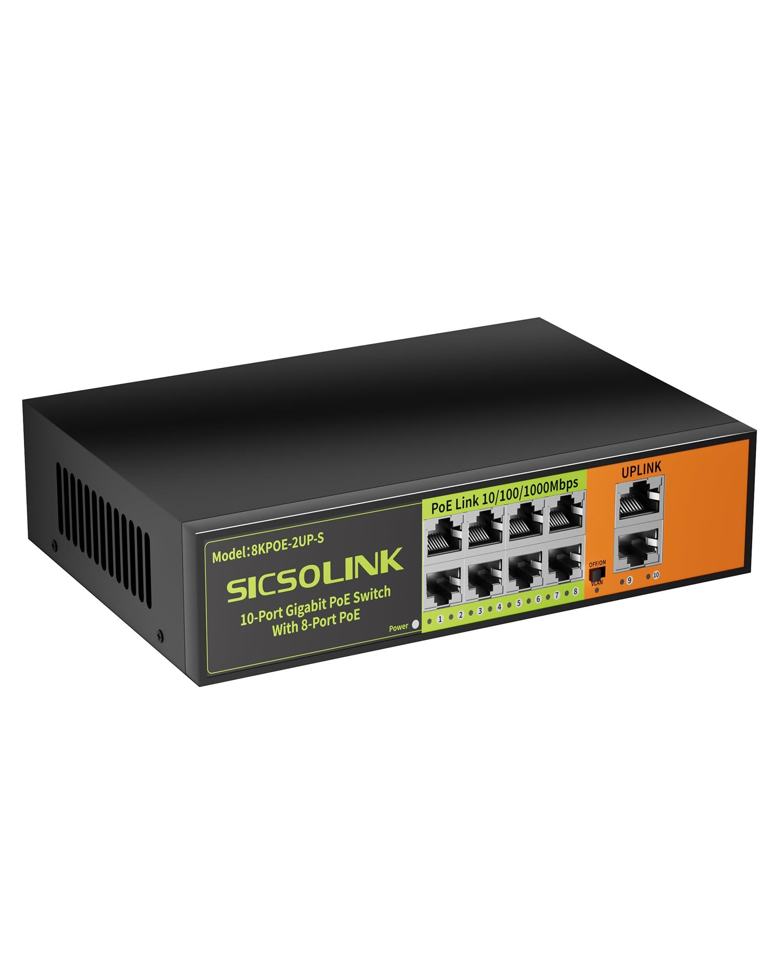 SICSOLINK SICSOLINK Gigabit Ethernet Network PoE Switch, 8 PoE Ports @120W with 2 Uplink Ports, Support 802.3af/at, Unmanaged, VLAN, for PoE Security Camera, AP (10 Gigabit Ports I 8*PoE+ 2*Uplink)