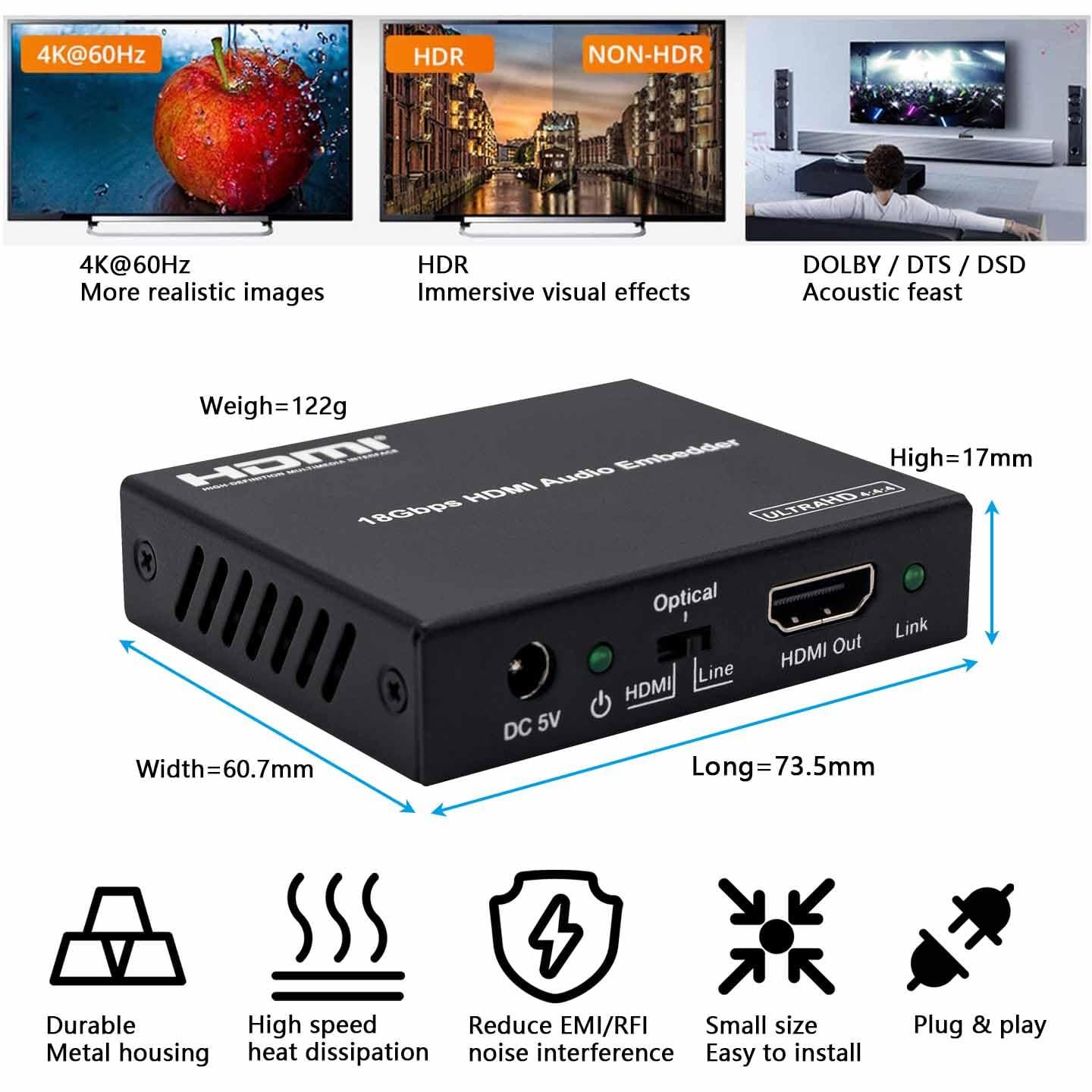 BUNGPUNG BUNGPUNG 4K@60Hz HDMI Audio Embedder Optical Digital SPDIF 3.5 mm L/R Analog Line Audio Inserter HDMI 2.0 HDCP 2.2 HDR CEC
