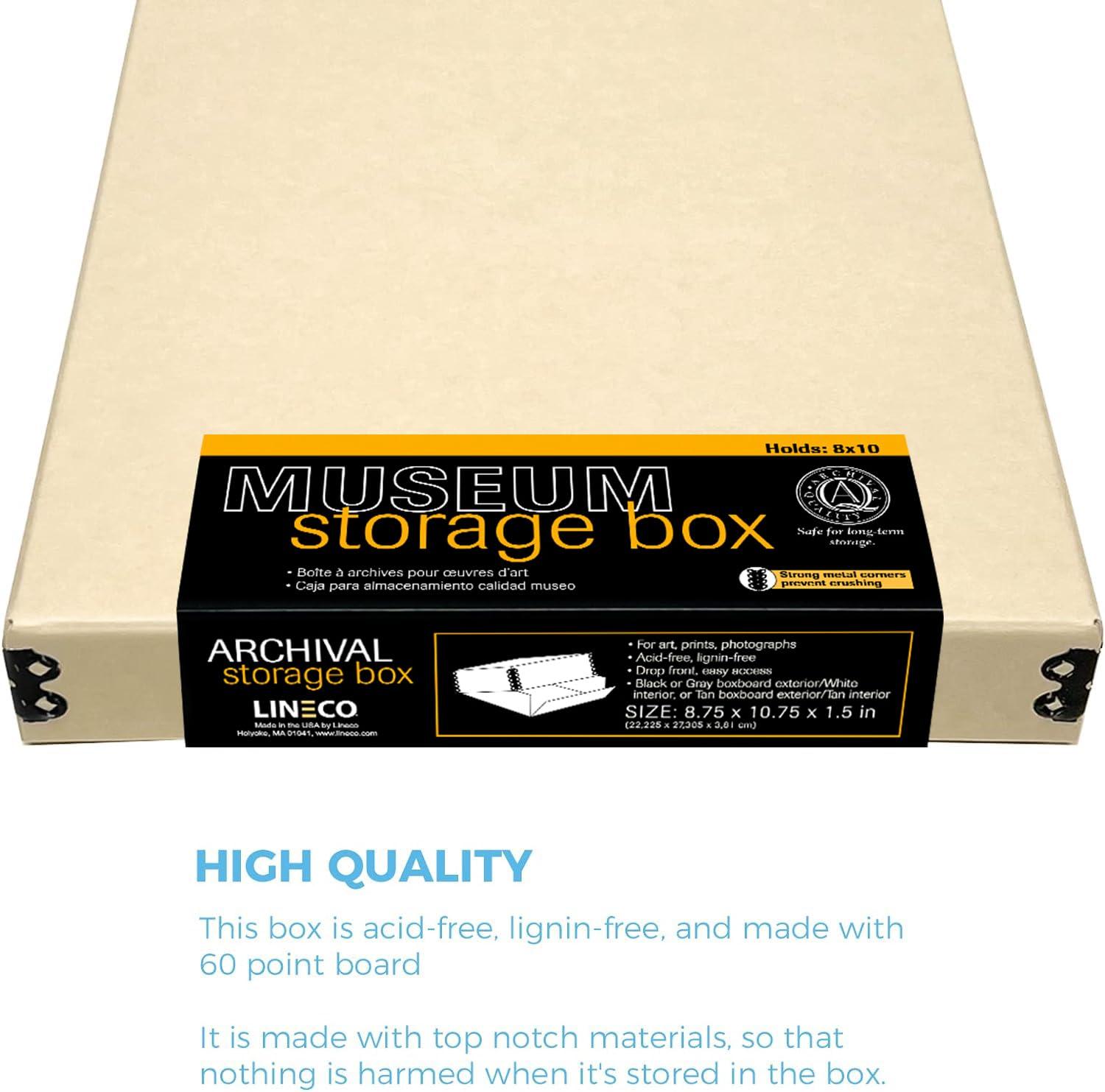 Lineco Lineco Museum Storage Box Tan, 8"x10"x1.5", Archival Boxboard, Drop-Front Design with Metal Edge. Organize, Store and Preserve Photographs, Prints, Documents, Art, Ephemera, Family Records