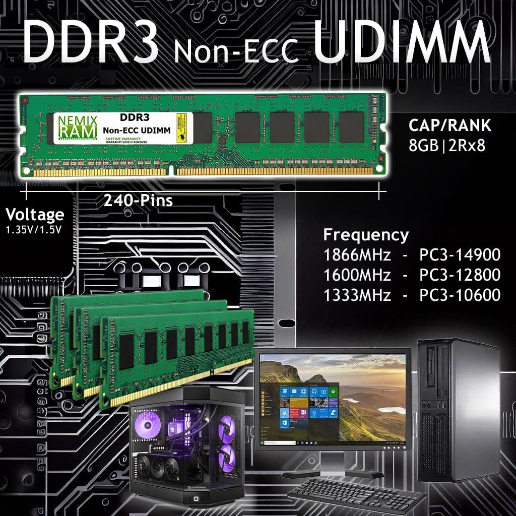 NEMIX RAM NEMIX RAM 8GB (1X8GB) DDR3 1600MHZ PC3-12800 2Rx8 1.5V 240-PIN Non-ECC UDIMM Compatible with Dell A5709146 Unbuffered PC Memory