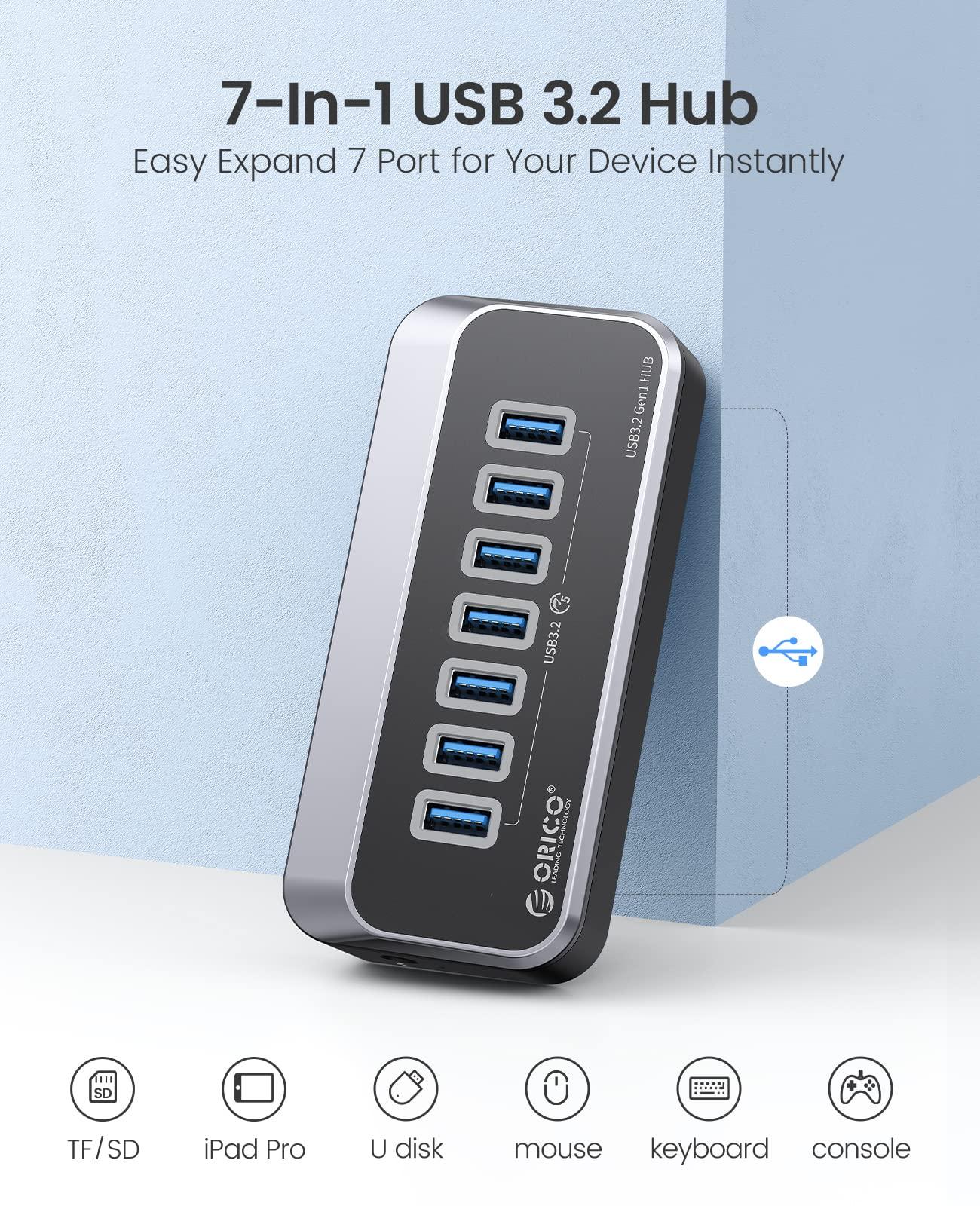 ORICO ORICO USB 3.0 Hub [5Gbps], 7 Port USB Hub with 3.28Ft USB-C Cable and USB-A Adapter, USB 3.2 Gen1 Splitter for iMac, All MacBooks, Mac Mini