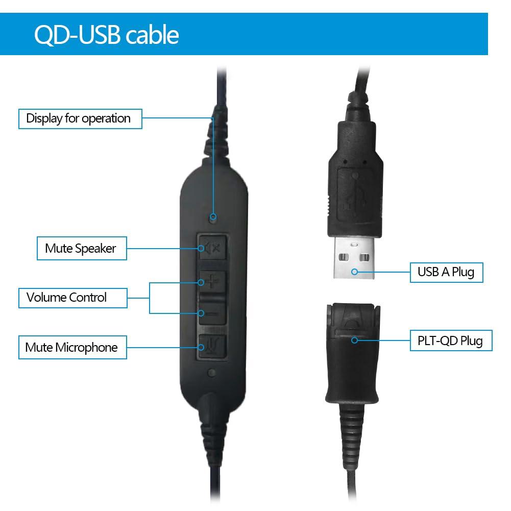 VT VT QD to USB Adapter Cable Compatible with Any Plantronic-Poly QD Headset with a Quick Disconnect with Volume Control and Mute Microphone/Speaker (PLT-QD-USB(02))