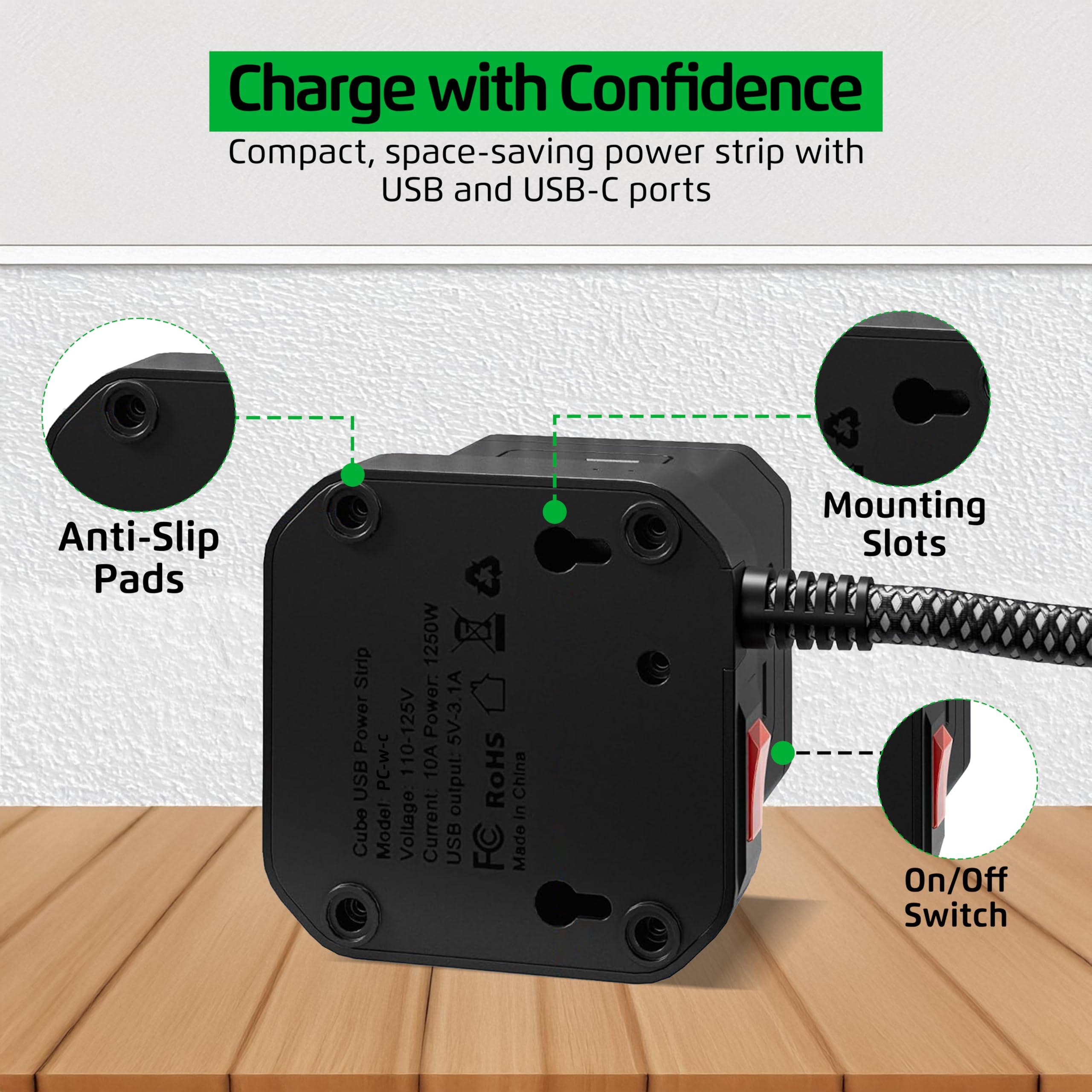 Uncaged Ergonomics Cube Power Strips with Surge Protection, 10ft Extension Cord with Multiple Outlets, 5 AC Plugs + 3 USB + 1 USB-C Fast Charging Power Strip with USB Ports, Mountable On/Off Switch Charging Station